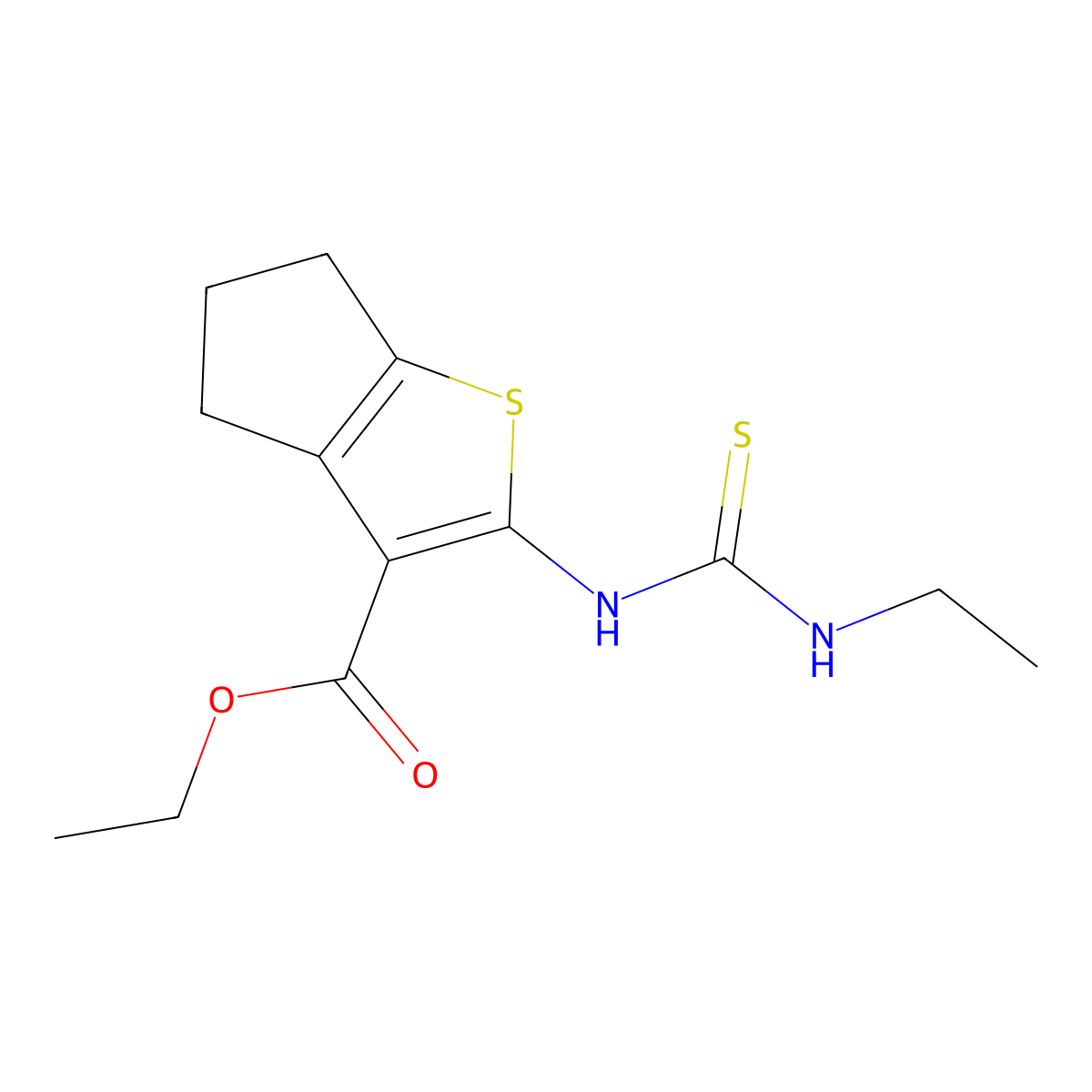 4H-Cyclopenta(b)thiophene-3-carboxylic acid, 5,6-dihydro-2-(((ethylamino)thioxomethyl)amino)-, ethyl ester molecular structure, CAS 59898-48-5