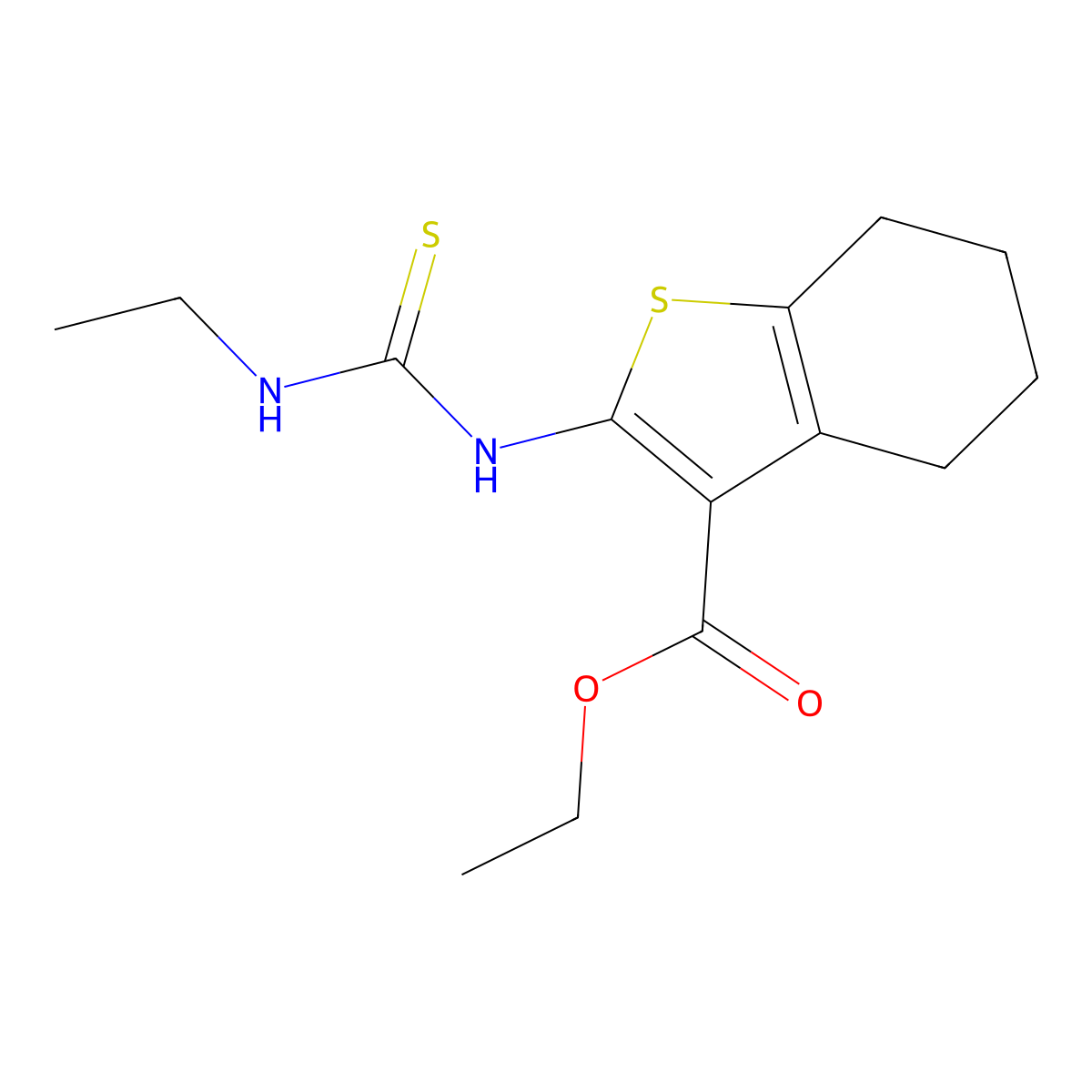 Benzo(b)thiophene-3-carboxylic acid, 4,5,6,7-tetrahydro-2-(((ethylamino)thioxomethyl)amino)-,ethyl ester molecular structure, CAS 59898-51-0
