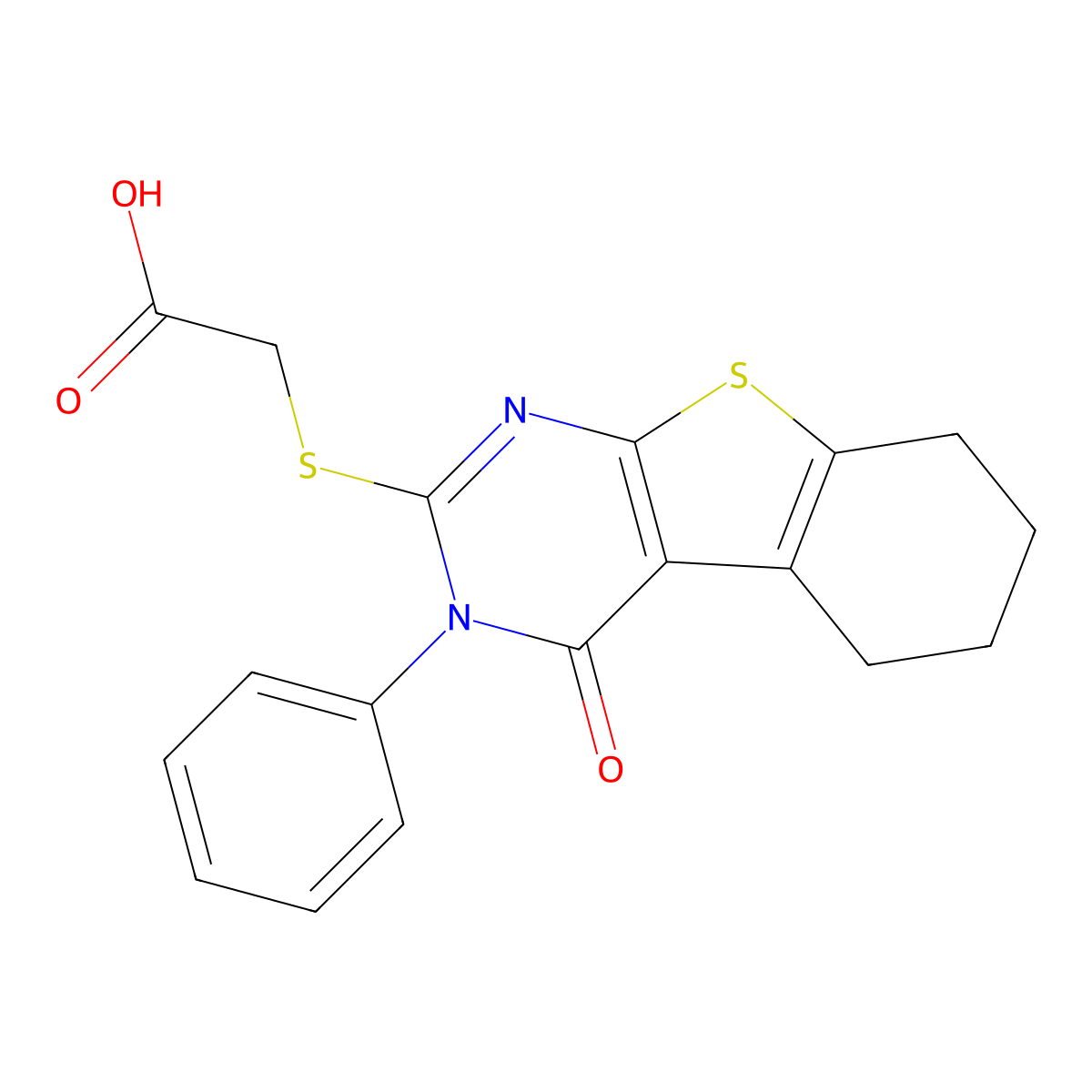 2-((4-Oxo-3-phenyl-3,4,5,6,7,8-hexahydrobenzo[4,5]thieno[2,3-d]pyrimidin-2-yl)thio)acetic acid molecular structure, CAS 59898-76-9