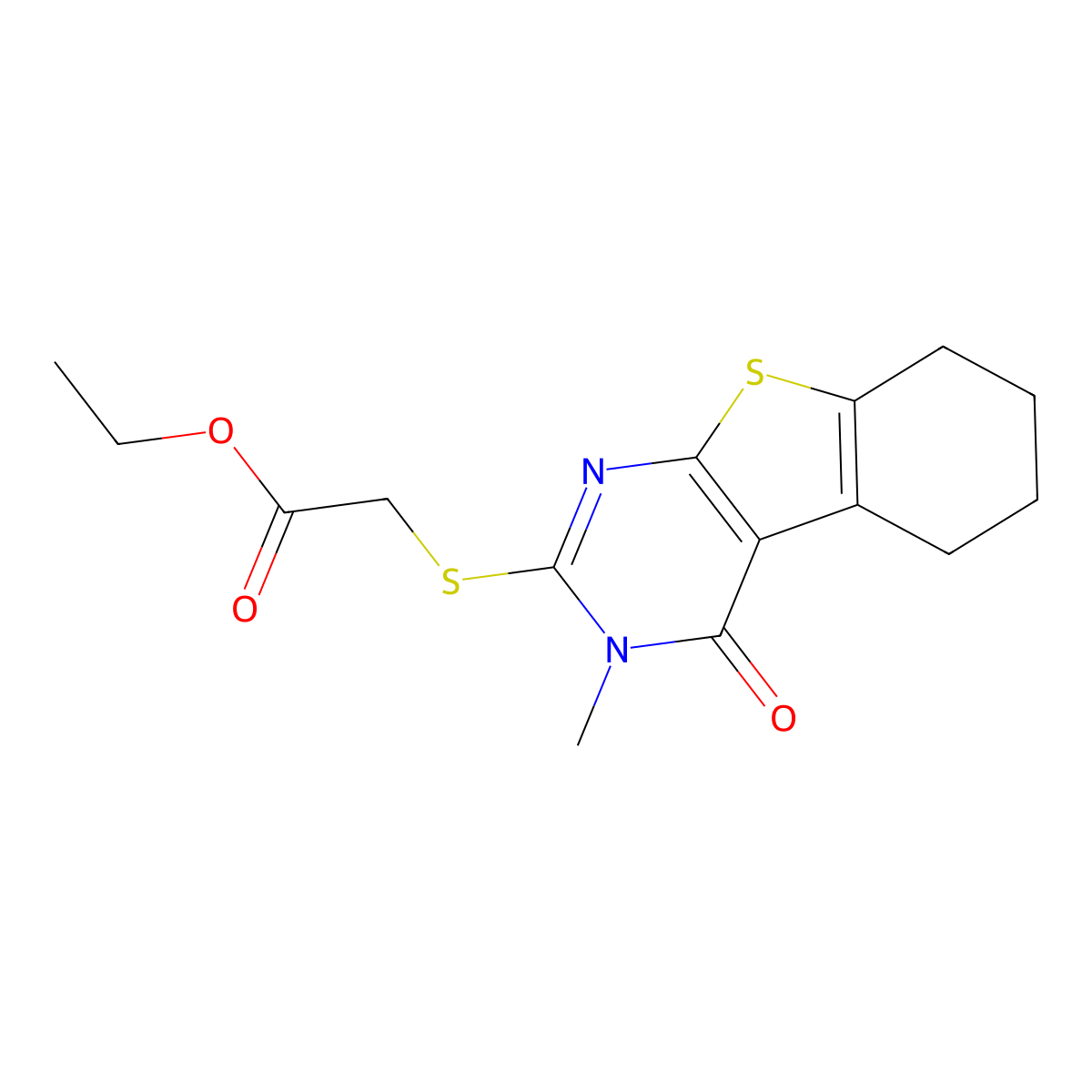 Ethyl 2-[(3-methyl-4-oxo-5,6,7,8-tetrahydro-[1]benzothiolo[2,3-d]pyrimidin-2-yl)sulfanyl]acetate molecular structure, CAS 59898-79-2