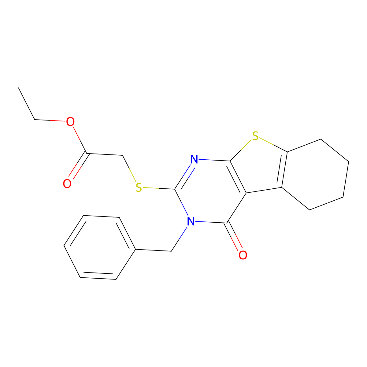 Ethyl [(3-benzyl-4-oxo-3,4,5,6,7,8-hexahydro[1]benzothieno[2,3-d]pyrimidin-2-yl)sulfanyl]acetate molecular structure, CAS 59898-80-5