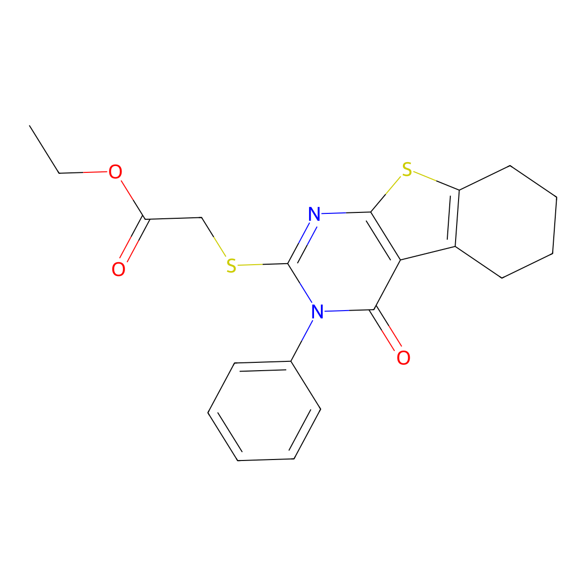 Ethyl [(4-oxo-3-phenyl-3,4,5,6,7,8-hexahydro[1]benzothieno[2,3-d]pyrimidin-2-yl)sulfanyl]acetate molecular structure, CAS 59898-81-6