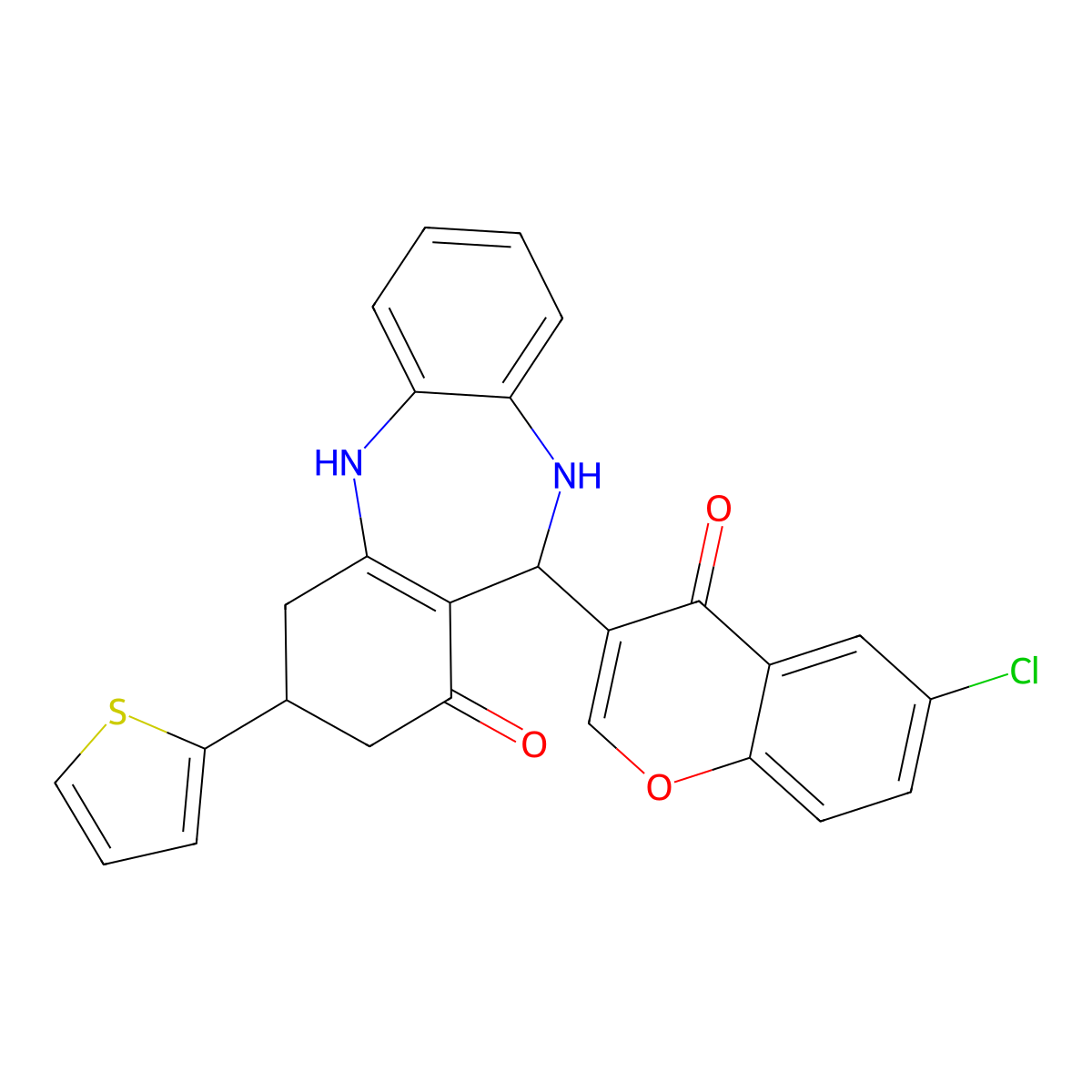 6-(6-Chloro-4-oxochromen-3-yl)-9-thiophen-2-yl-5,6,8,9,10,11-hexahydrobenzo[b][1,4]benzodiazepin-7-one molecular structure, CAS 599149-62-9