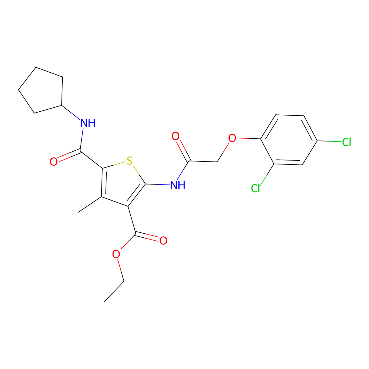 Ethyl 5-(cyclopentylcarbamoyl)-2-{[(2,4-dichlorophenoxy)acetyl]amino}-4-methylthiophene-3-carboxylate molecular structure, CAS 599149-63-0