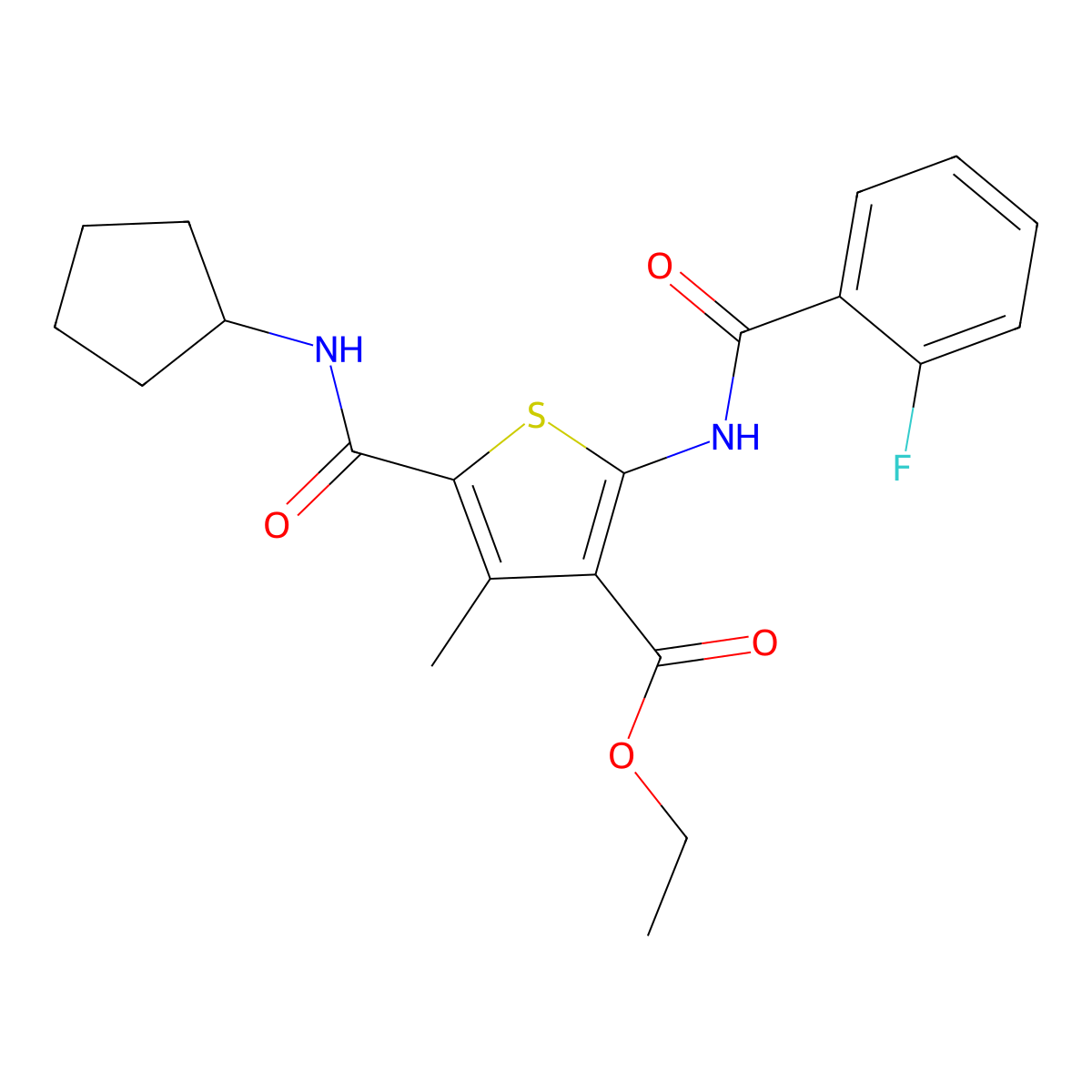 Ethyl 5-(cyclopentylcarbamoyl)-2-{[(2-fluorophenyl)carbonyl]amino}-4-methylthiophene-3-carboxylate molecular structure, CAS 599149-82-3