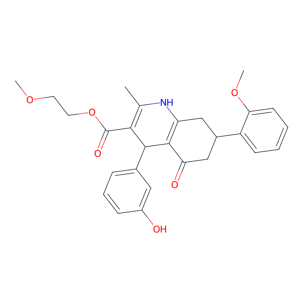 2-methoxyethyl 4-(3-hydroxyphenyl)-7-(2-methoxyphenyl)-2-methyl-5-oxo-4,6,7,8-tetrahydro-1H-quinoline-3-carboxylate molecular structure, CAS 599150-20-6