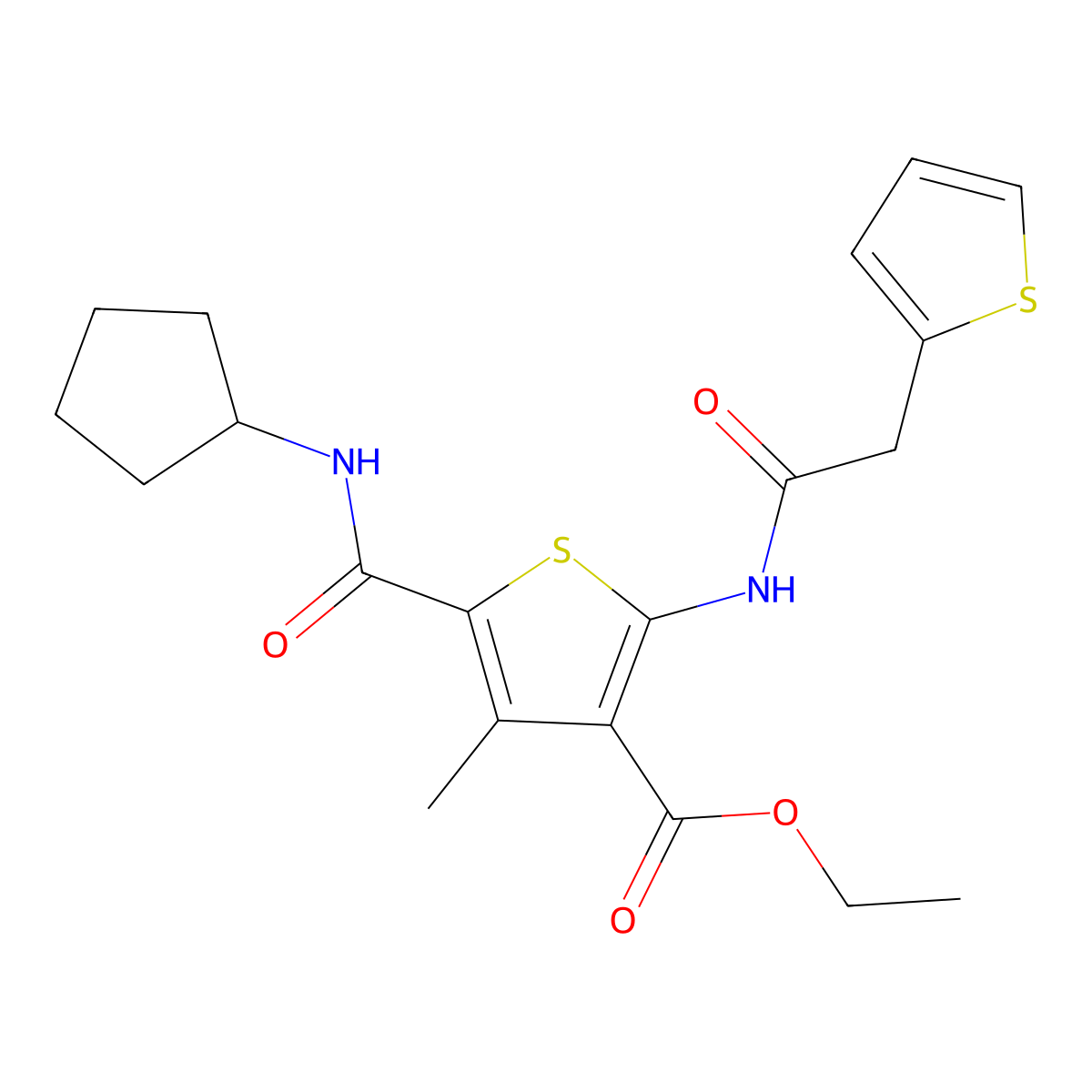 Ethyl 5-(cyclopentylcarbamoyl)-4-methyl-2-[(2-thiophen-2-ylacetyl)amino]thiophene-3-carboxylate molecular structure, CAS 599150-31-9