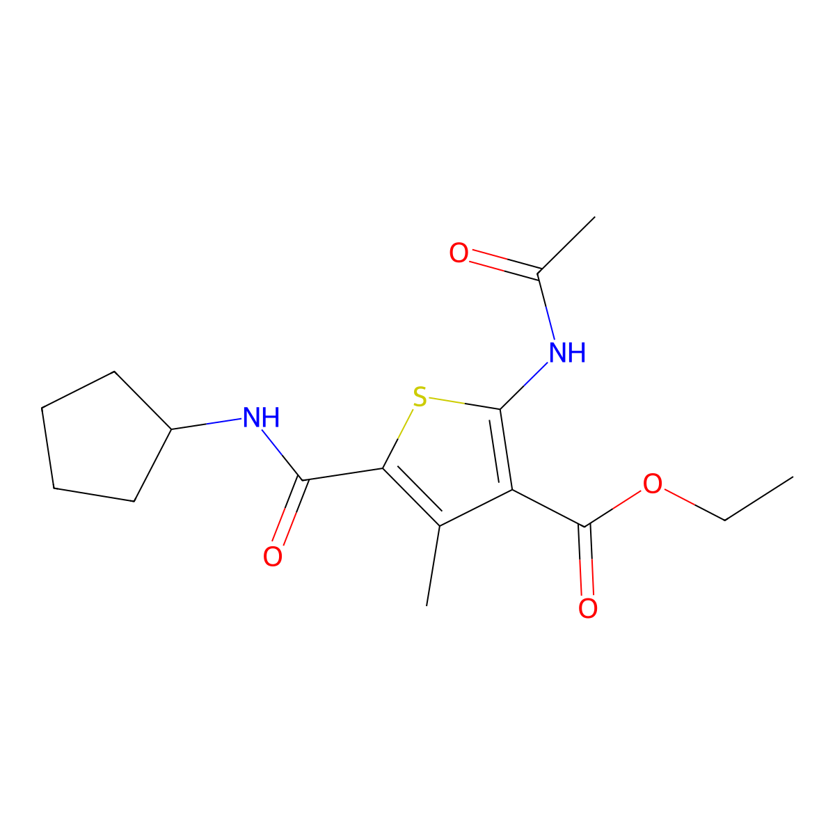 Ethyl 2-acetamido-5-(cyclopentylcarbamoyl)-4-methylthiophene-3-carboxylate molecular structure, CAS 599150-52-4