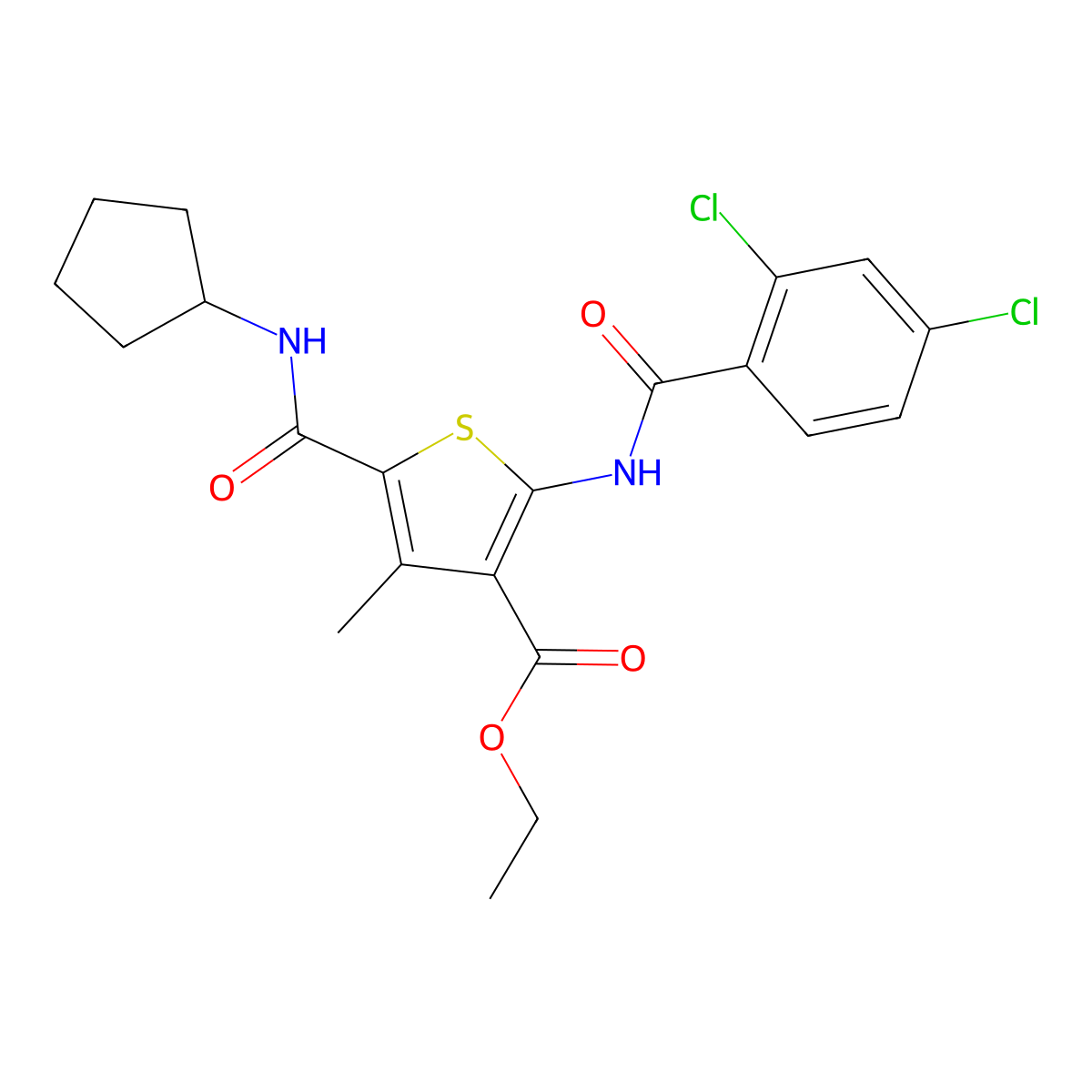 Ethyl 5-(cyclopentylcarbamoyl)-2-(2,4-dichlorobenzamido)-4-methylthiophene-3-carboxylate molecular structure, CAS 599150-61-5