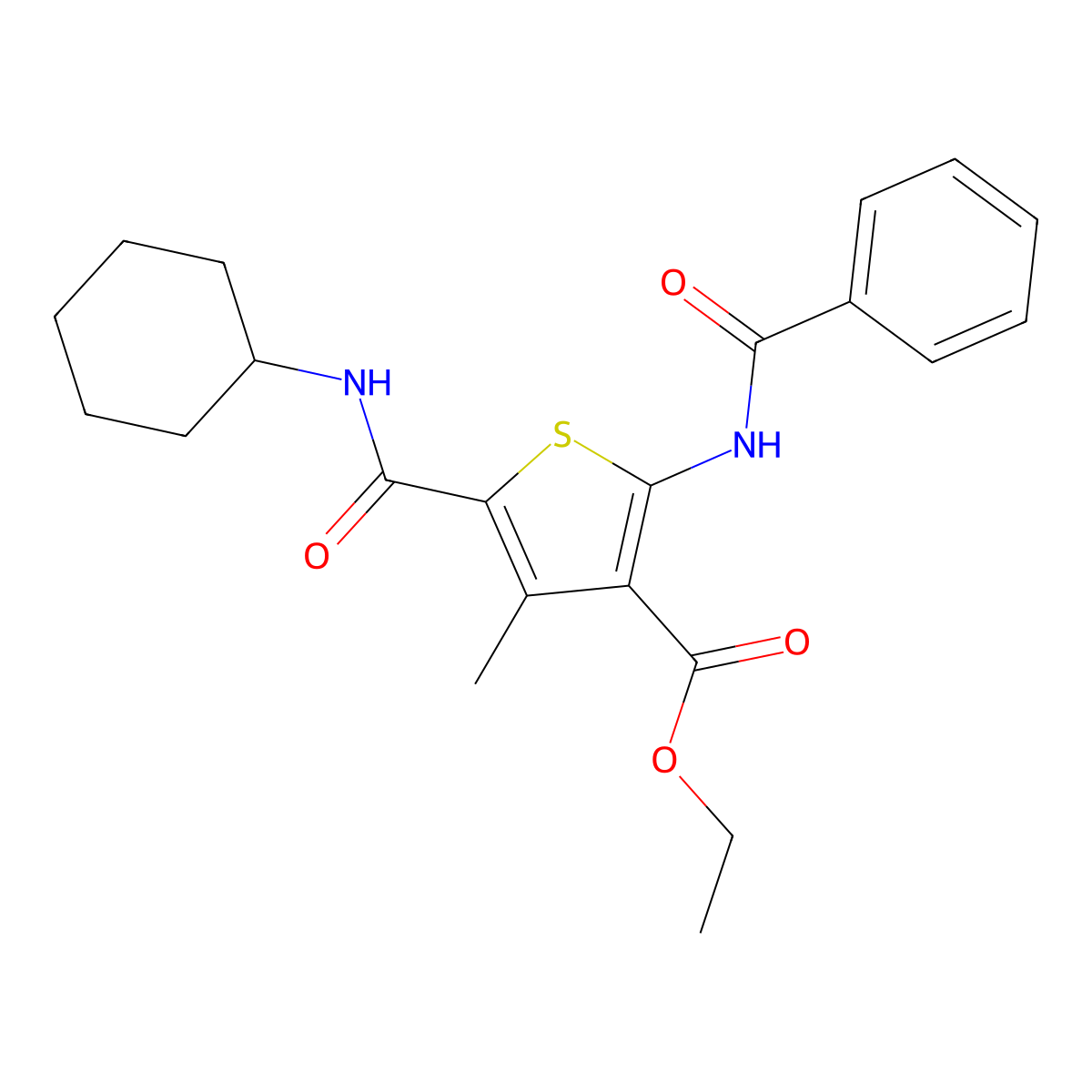 Ethyl 2-benzamido-5-(cyclohexylcarbamoyl)-4-methylthiophene-3-carboxylate molecular structure, CAS 599150-69-3