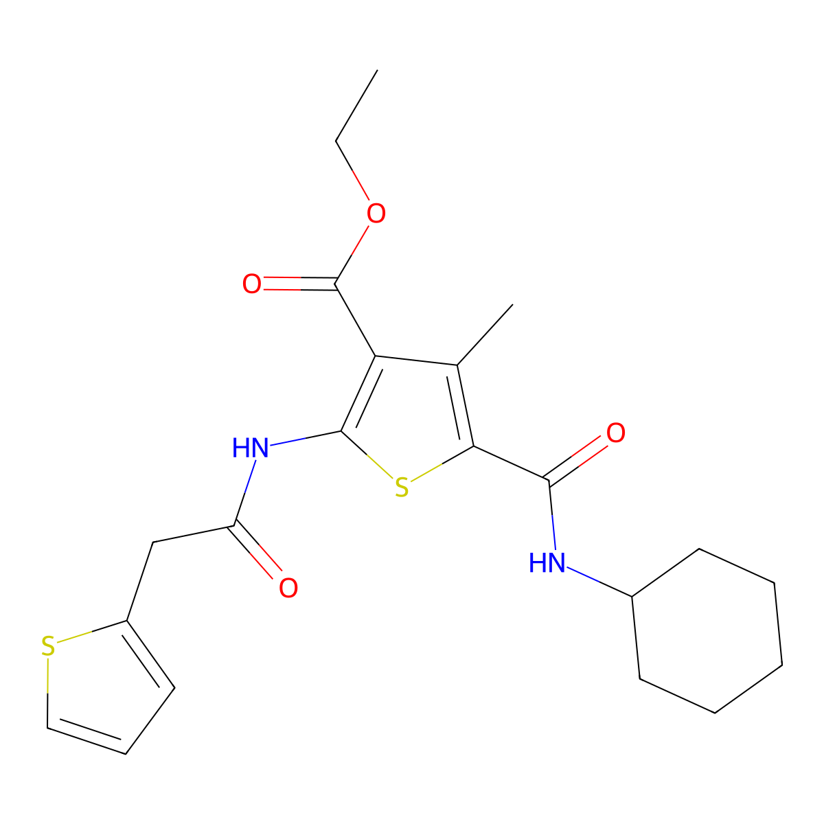 5-[(Cyclohexylamino)-oxomethyl]-4-methyl-2-[(1-oxo-2-thiophen-2-ylethyl)amino]-3-thiophenecarboxylic acid ethyl ester molecular structure, CAS 599150-73-9