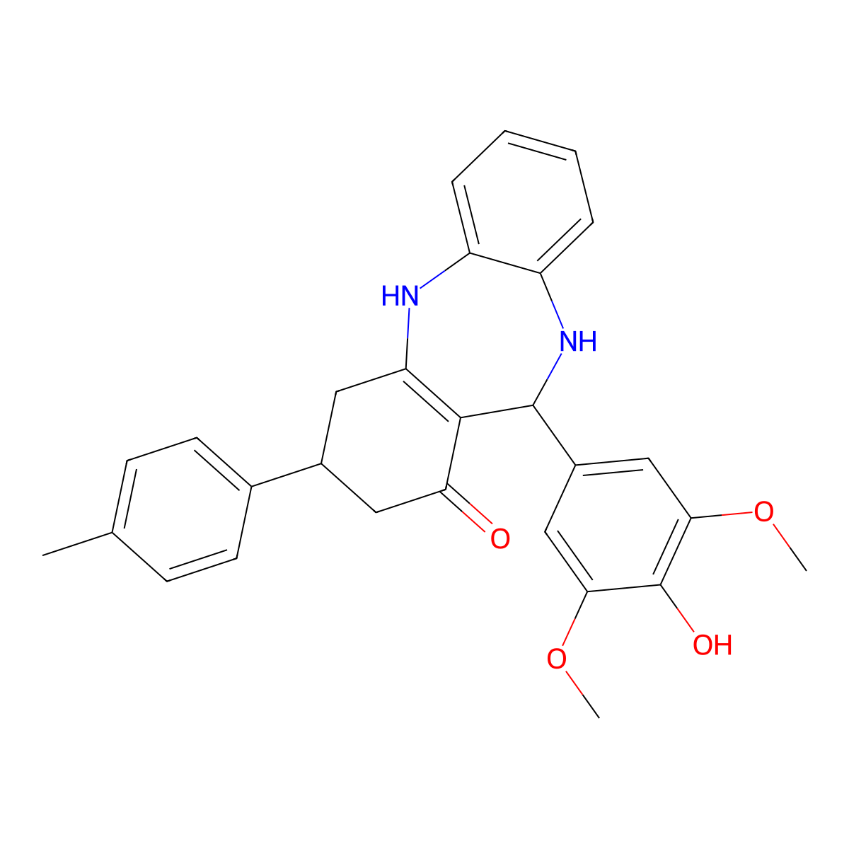 6-(4-Hydroxy-3,5-dimethoxyphenyl)-9-(4-methylphenyl)-5,6,8,9,10,11-hexahydrobenzo[b][1,4]benzodiazepin-7-one molecular structure, CAS 599151-08-3