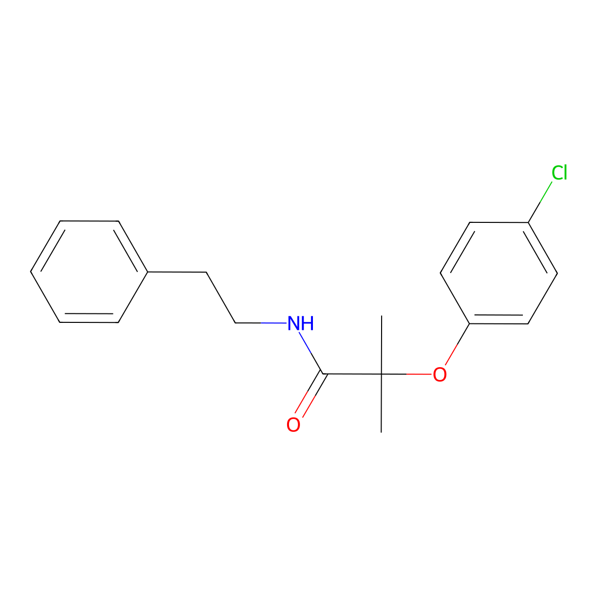 2-(4-chlorophenoxy)-2-methyl-N-(2-phenylethyl)propanamide molecular structure, CAS 599152-42-8