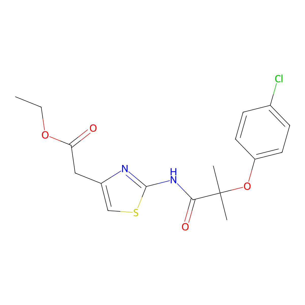 Ethyl 2-[2-[[2-(4-chlorophenoxy)-2-methylpropanoyl]amino]-1,3-thiazol-4-yl]acetate molecular structure, CAS 599153-06-7