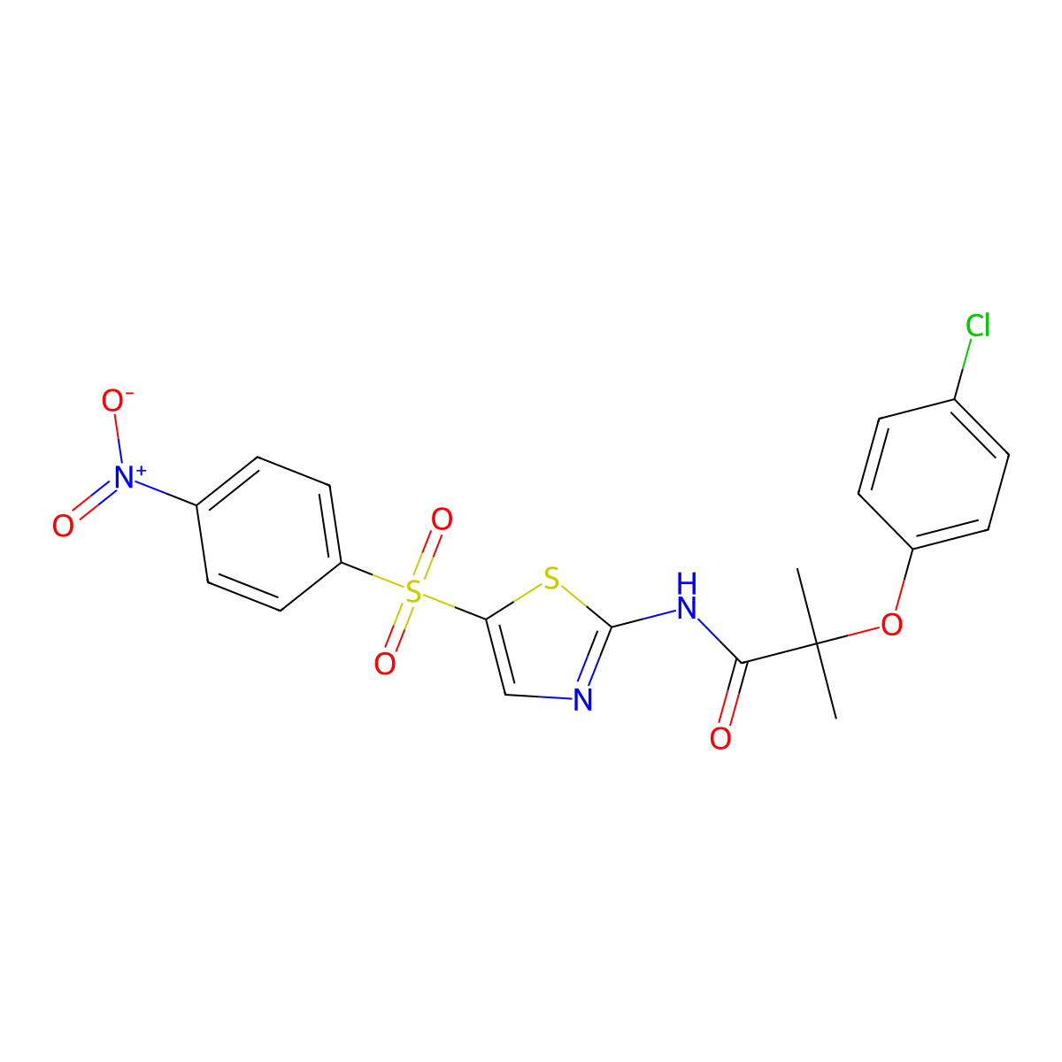 2-(4-chlorophenoxy)-2-methyl-N-[5-(4-nitrophenyl)sulfonyl-1,3-thiazol-2-yl]propanamide molecular structure, CAS 599153-10-3