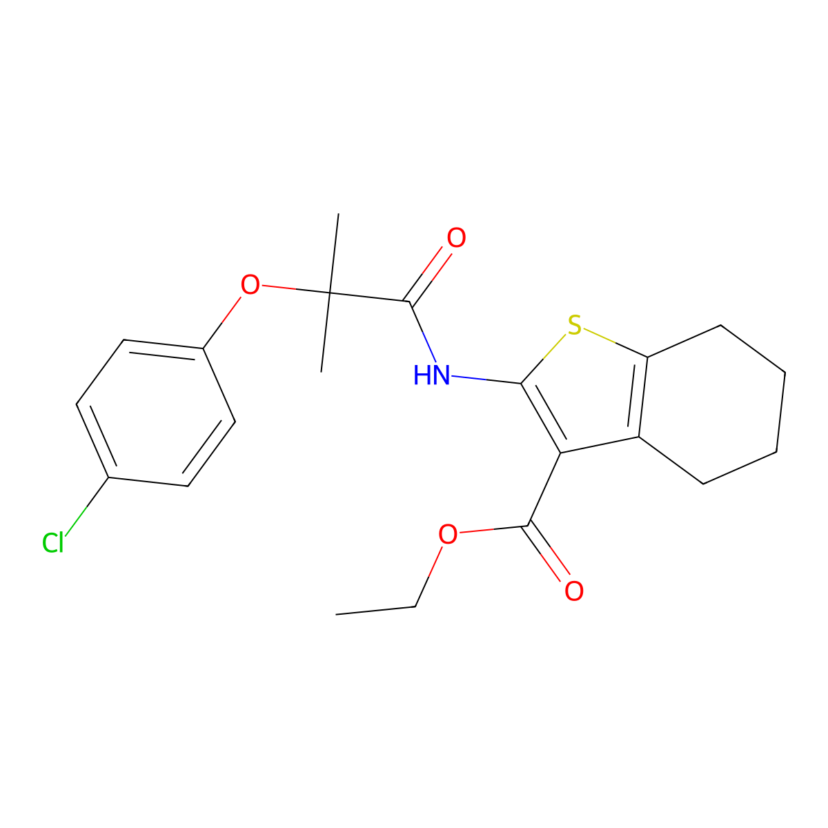 Ethyl 2-[[2-(4-chlorophenoxy)-2-methylpropanoyl]amino]-4,5,6,7-tetrahydro-1-benzothiophene-3-carboxylate molecular structure, CAS 599153-24-9