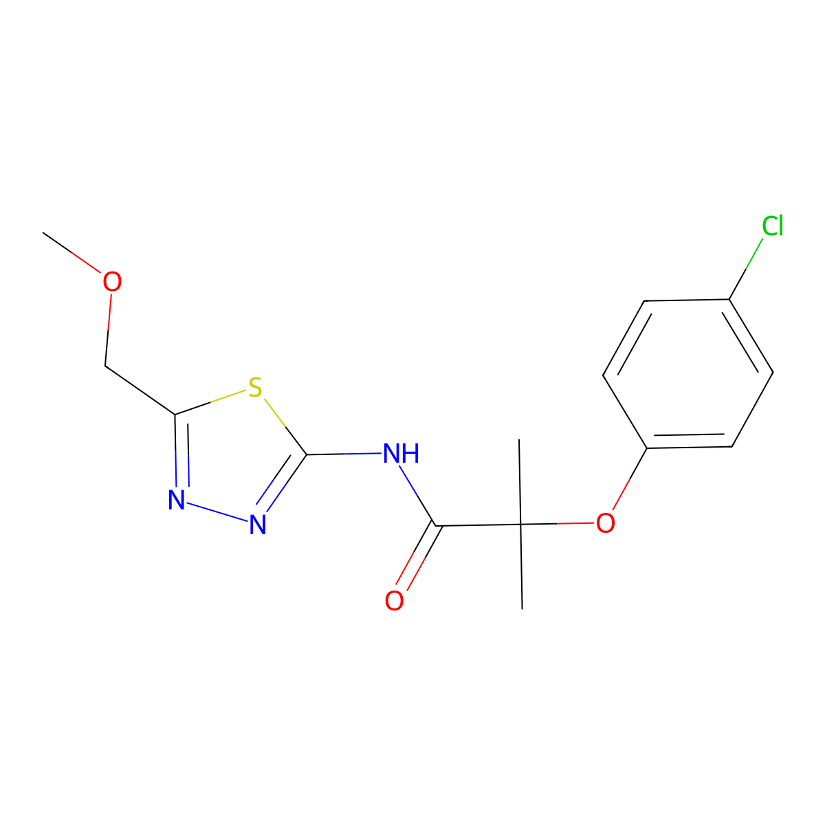 2-(4-chlorophenoxy)-N-[5-(methoxymethyl)-1,3,4-thiadiazol-2-yl]-2-methylpropanamide molecular structure, CAS 599153-38-5