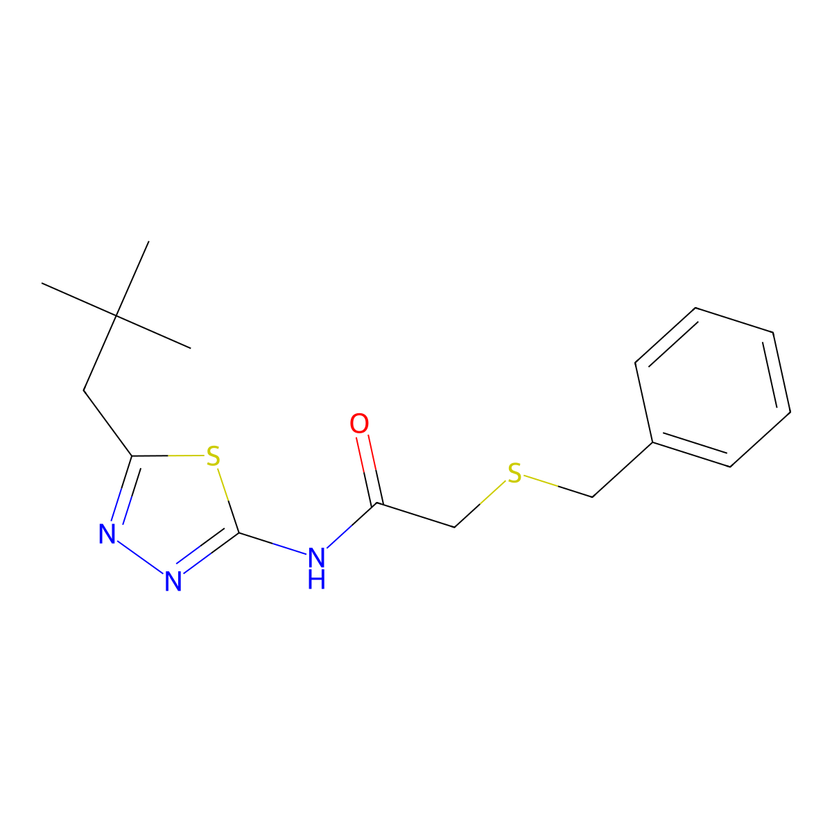2-benzylsulfanyl-N-[5-(2,2-dimethylpropyl)-1,3,4-thiadiazol-2-yl]acetamide molecular structure, CAS 599160-45-9