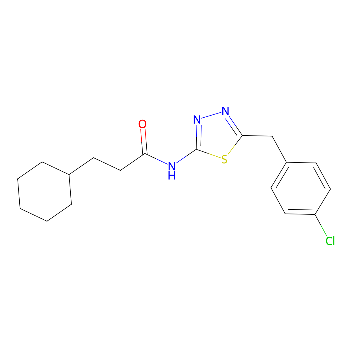 N-[5-[(4-chlorophenyl)methyl]-1,3,4-thiadiazol-2-yl]-3-cyclohexylpropanamide molecular structure, CAS 599161-41-8