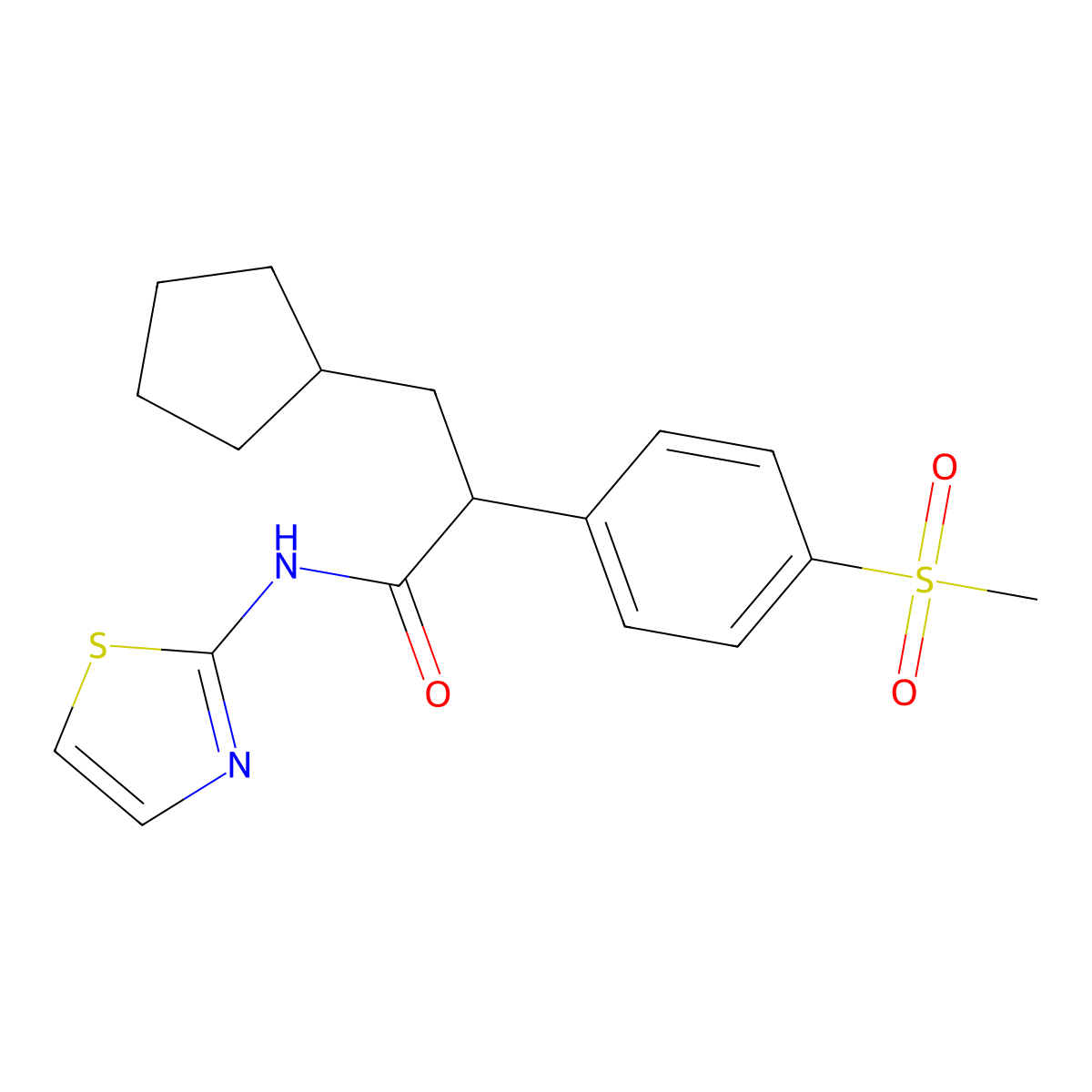 (S)-(+)-3-Cyclopentyl-2-(4-methanesulfonyl-phenyl)-N-thiazol-2-YL-propionamide molecular structure, CAS 599164-57-5