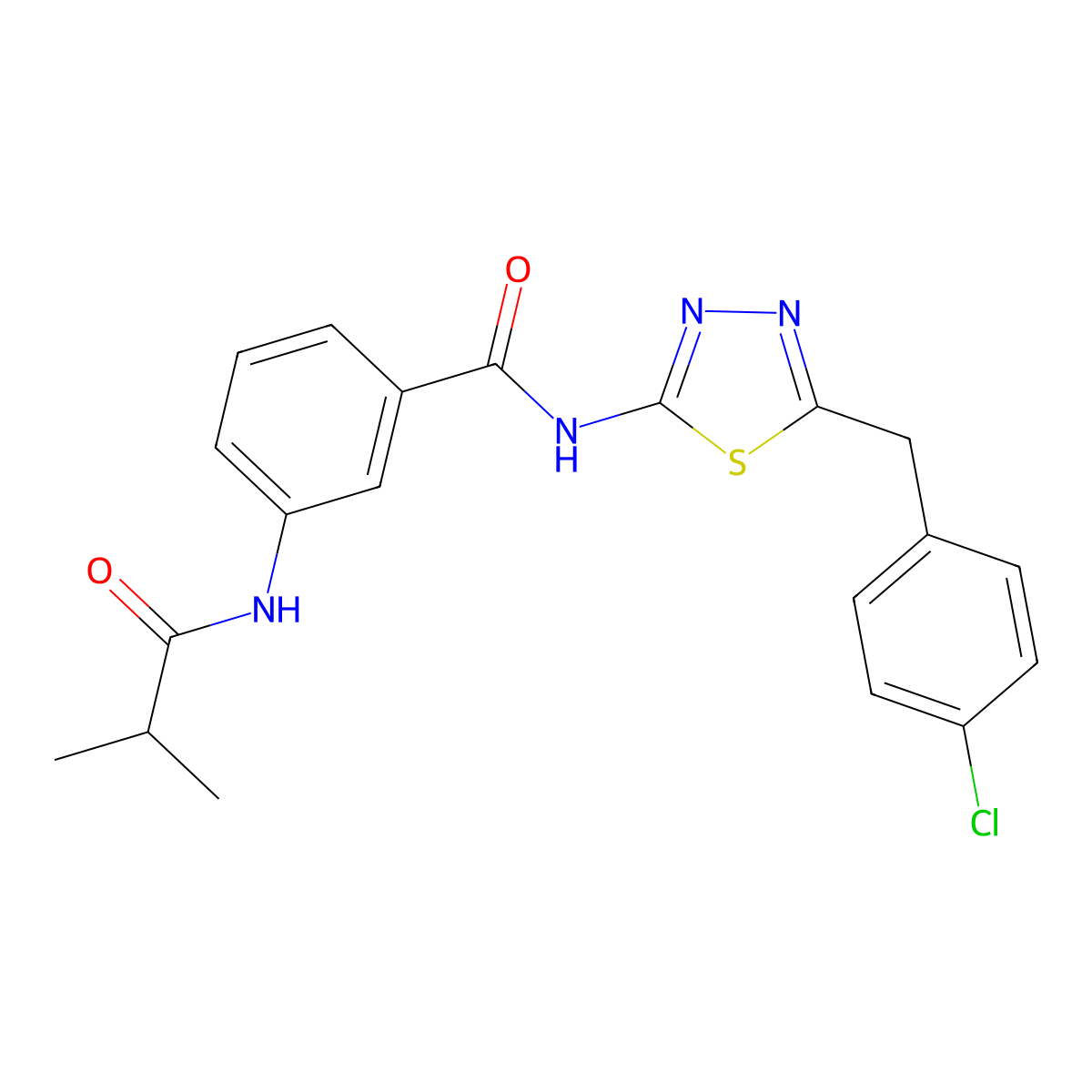 N-[5-[(4-chlorophenyl)methyl]-1,3,4-thiadiazol-2-yl]-3-(2-methylpropanoylamino)benzamide molecular structure, CAS 599190-92-8