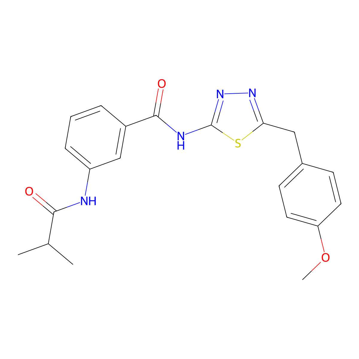 N-[5-[(4-methoxyphenyl)methyl]-1,3,4-thiadiazol-2-yl]-3-(2-methylpropanoylamino)benzamide molecular structure, CAS 599190-94-0