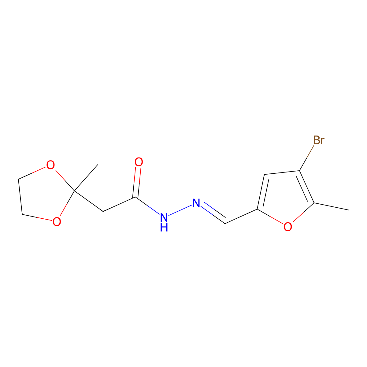 N-[(4-Bromo-5-methyl-2-furyl)methylideneamino]-2-(2-methyl-1,3-dioxolan-2-YL)acetamide molecular structure, CAS 5994-47-8