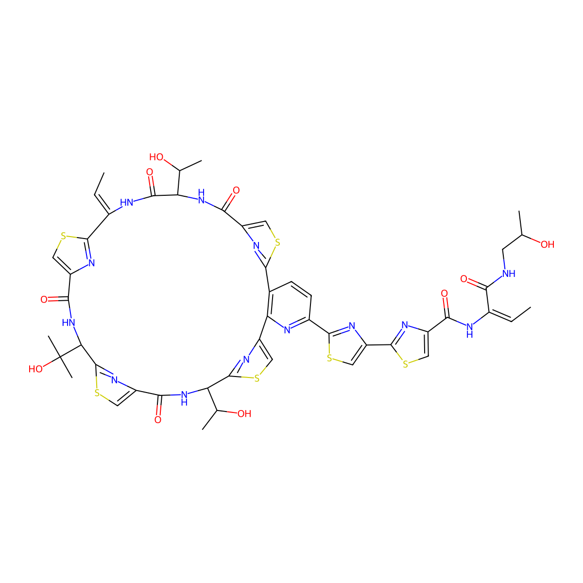2-[2-[26-ethylidene-12,29-bis(1-hydroxyethyl)-19-(2-hydroxypropan-2-yl)-14,21,28,31-tetraoxo-10,17,24,34-tetrathia-6,13,20,27,30,35,36,37,38-nonazahexacyclo[30.2.1.18,11.115,18.122,25.02,7]octatriaconta-1(35),2(7),3,5,8,11(38),15,18(37),22,25(36),32-undecaen-5-yl]-1,3-thiazol-4-yl]-N-[1-(2-hydroxypropylamino)-1-oxobut-2-en-2-yl]-1,3-thiazole-4-carboxamide molecular structure, CAS 59979-01-0