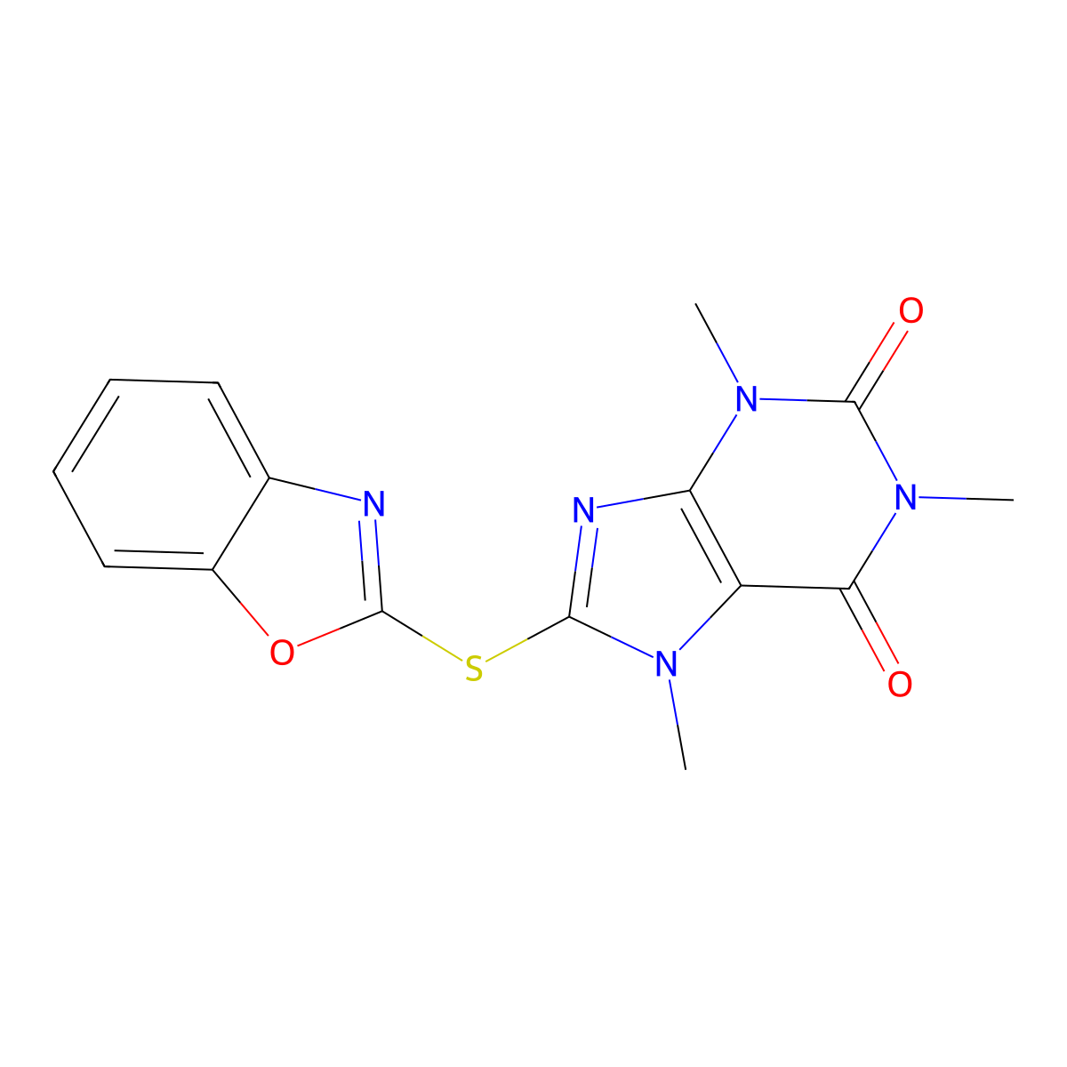 8-(1,3-Benzoxazol-2-ylsulfanyl)-1,3,7-trimethylpurine-2,6-dione molecular structure, CAS 5998-22-1