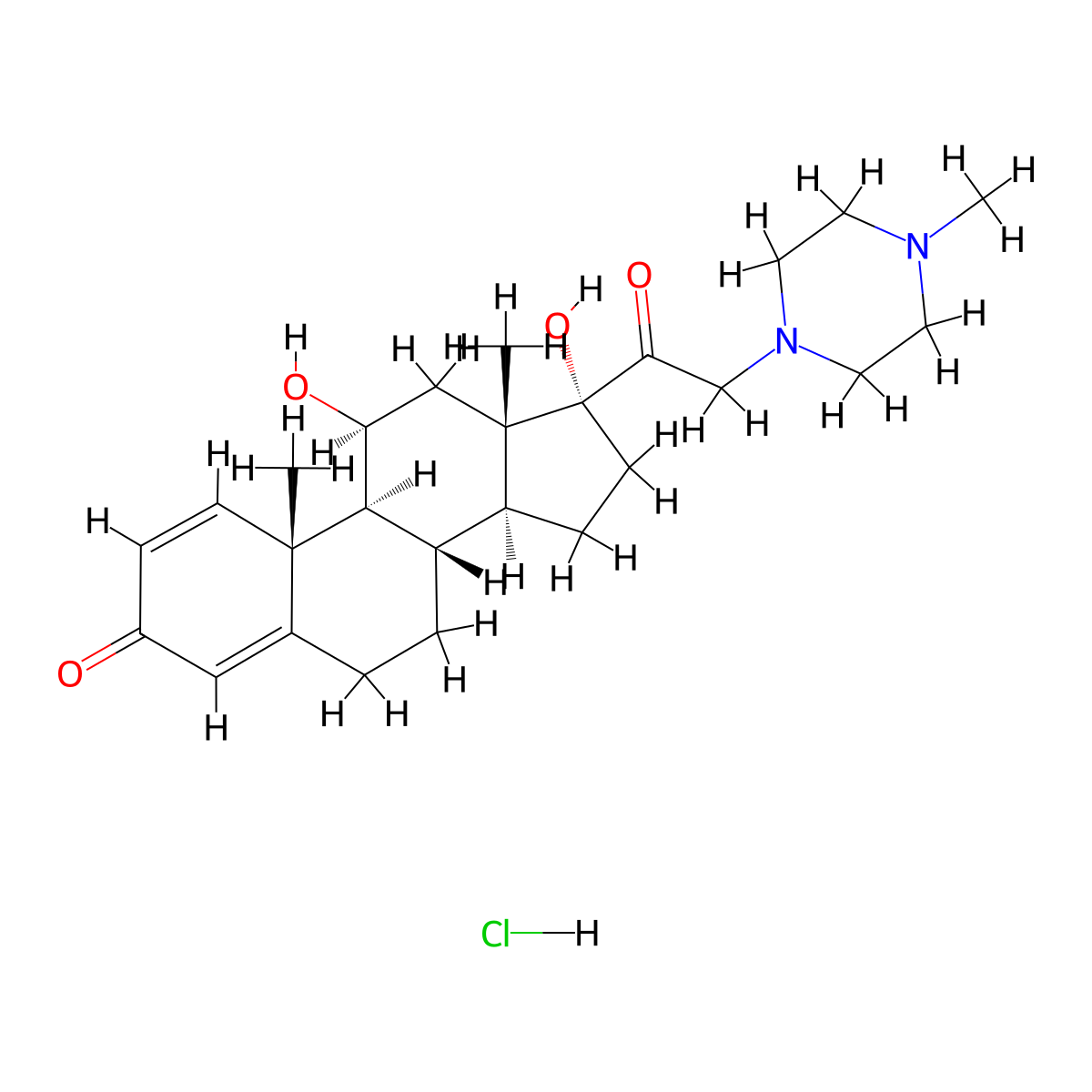 Pregna-1,4-diene-3,20-dione, 11,17-dihydroxy-21-(4-methyl-1-piperazinyl)-, hydrochloride (1:1), (11beta)- molecular structure, CAS 60-39-9