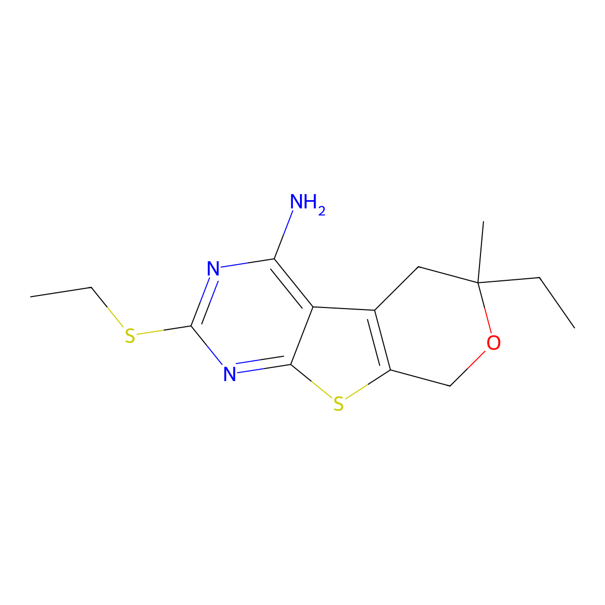 6-ethyl-2-(ethylsulfanyl)-6-methyl-5,8-dihydro-6H-pyrano[4',3':4,5]thieno[2,3-d]pyrimidin-4-amine molecular structure, CAS 6000-32-4