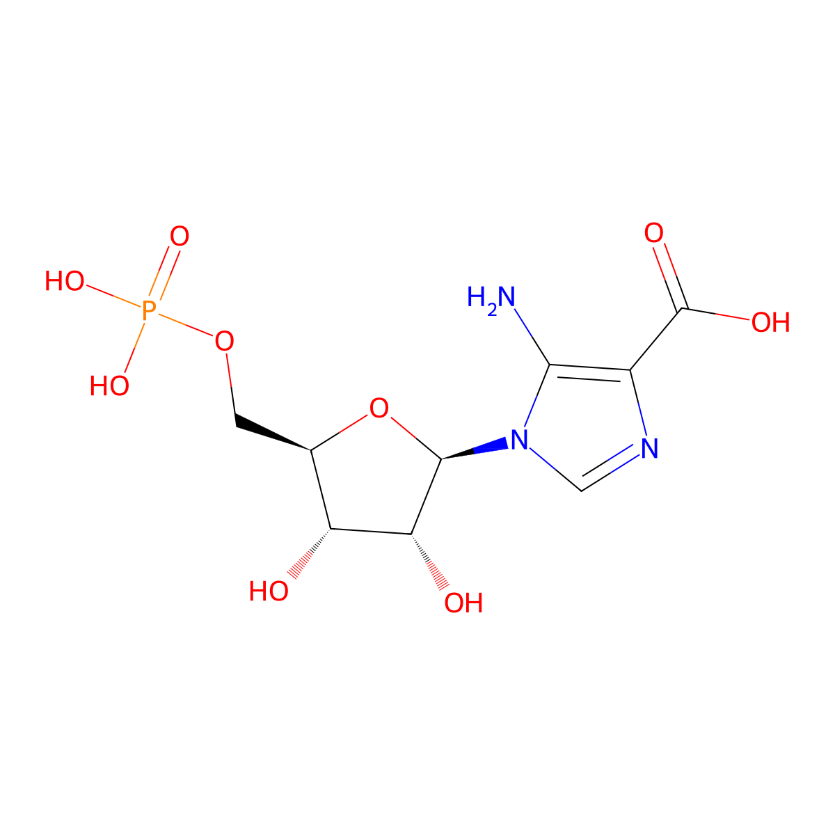 5-amino-1-(5-phospho-D-ribosyl)imidazole-4-carboxylate molecular structure, CAS 6001-14-5