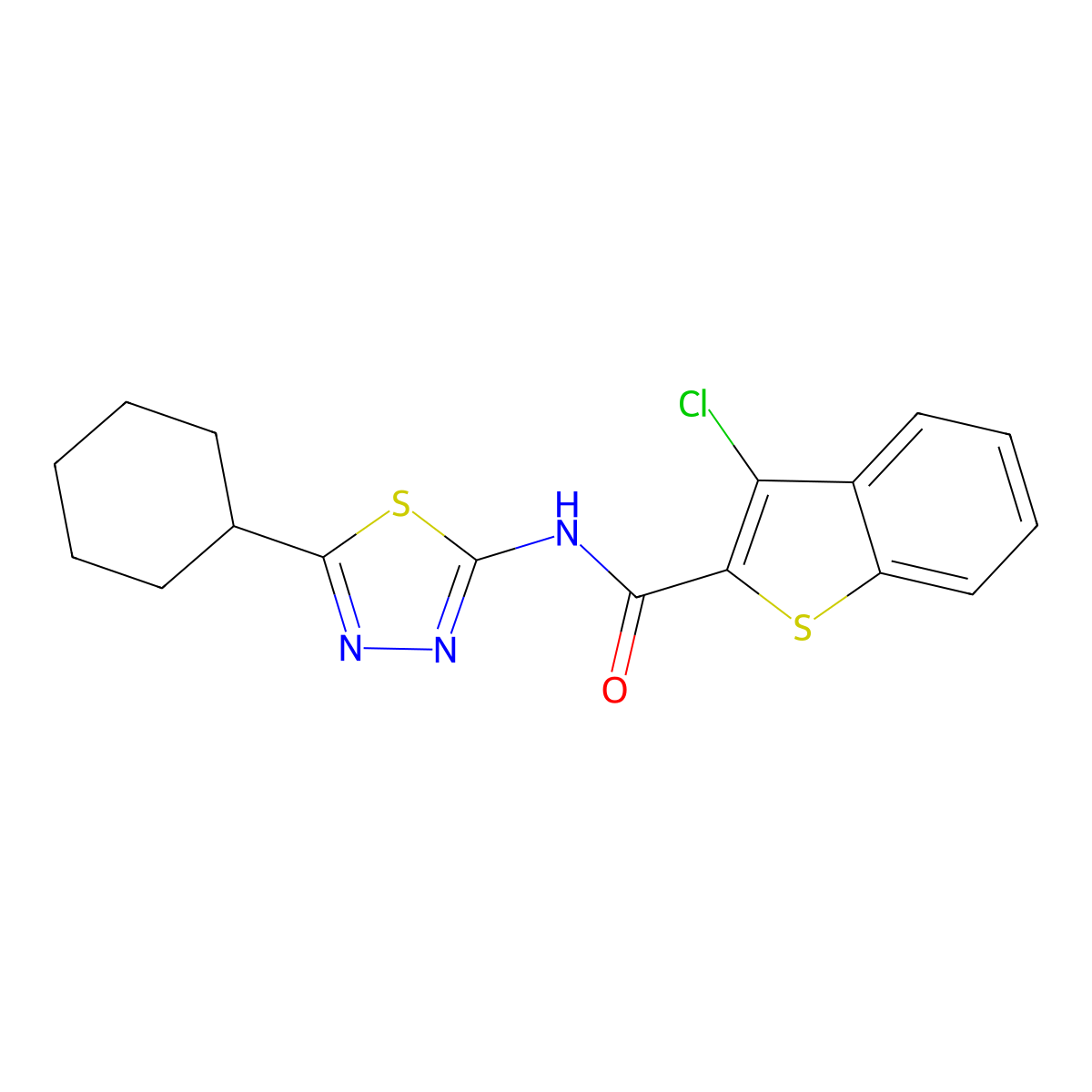 3-chloro-N-(5-cyclohexyl-1,3,4-thiadiazol-2-yl)-1-benzothiophene-2-carboxamide molecular structure, CAS 600122-42-7
