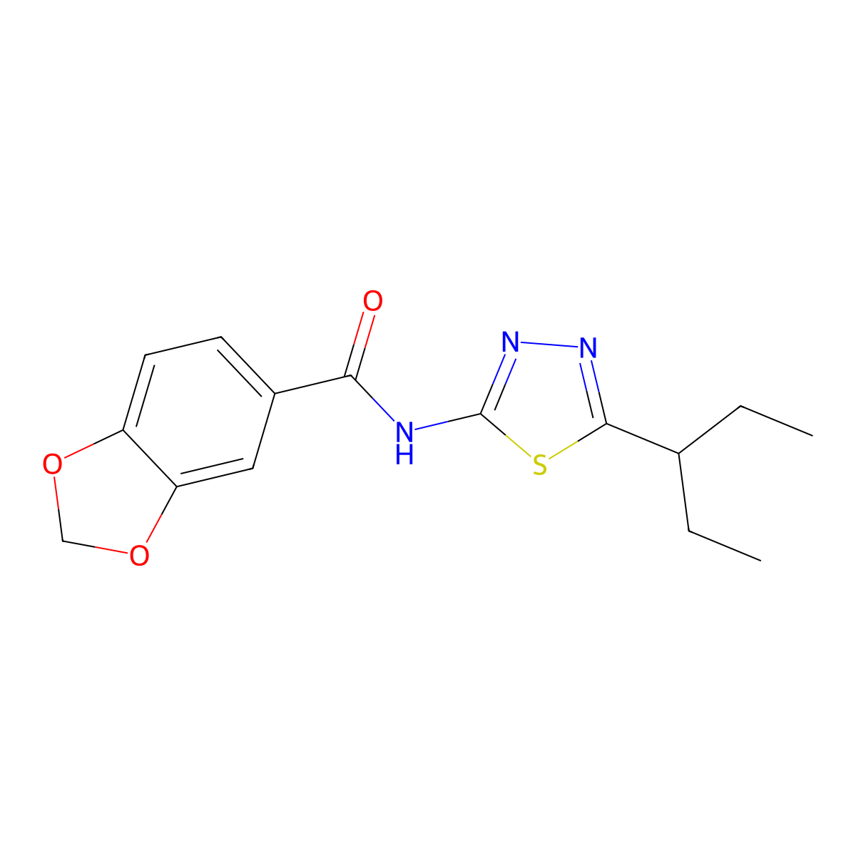 N-(5-pentan-3-yl-1,3,4-thiadiazol-2-yl)-1,3-benzodioxole-5-carboxamide molecular structure, CAS 600147-22-6