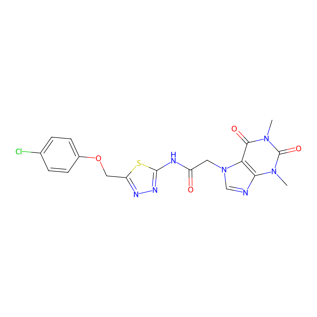 N-[5-[(4-chlorophenoxy)methyl]-1,3,4-thiadiazol-2-yl]-2-(1,3-dimethyl-2,6-dioxopurin-7-yl)acetamide molecular structure, CAS 600147-27-1
