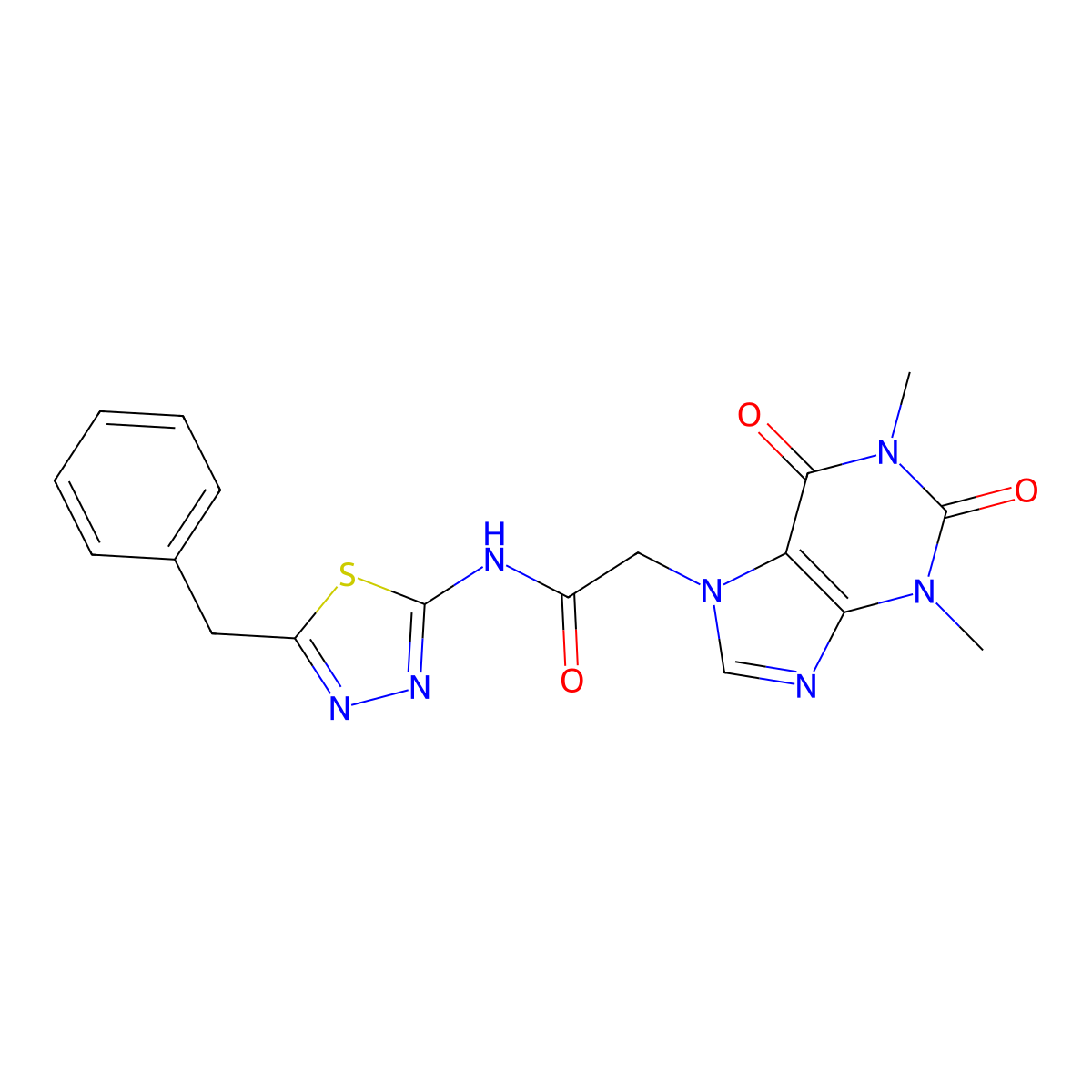 N-(5-benzyl-1,3,4-thiadiazol-2-yl)-2-(1,3-dimethyl-2,6-dioxo-1,2,3,6-tetrahydro-7H-purin-7-yl)acetamide molecular structure, CAS 600147-29-3