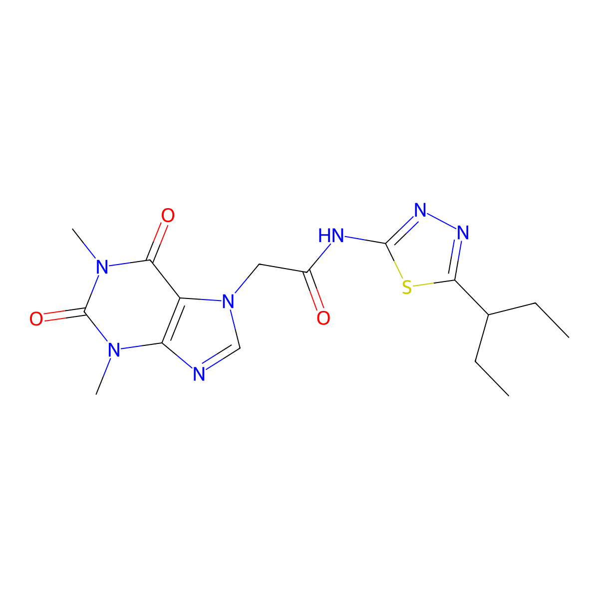 2-(1,3-dimethyl-2,6-dioxopurin-7-yl)-N-(5-pentan-3-yl-1,3,4-thiadiazol-2-yl)acetamide molecular structure, CAS 600147-30-6