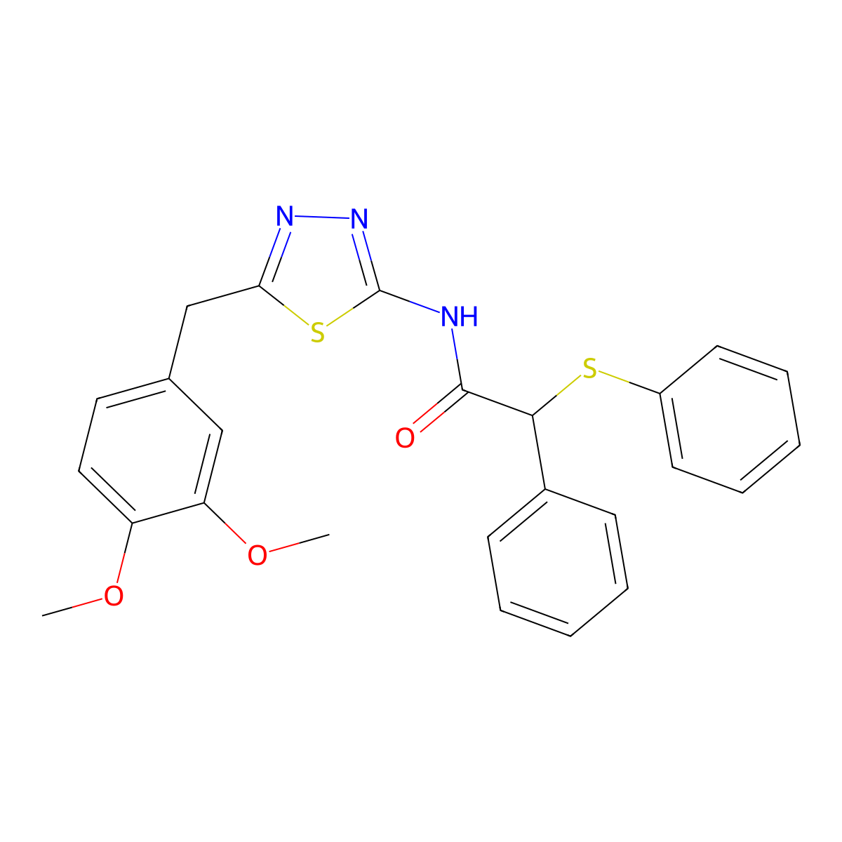 N-[5-[(3,4-dimethoxyphenyl)methyl]-1,3,4-thiadiazol-2-yl]-2-phenyl-2-phenylsulfanylacetamide molecular structure, CAS 600148-76-3