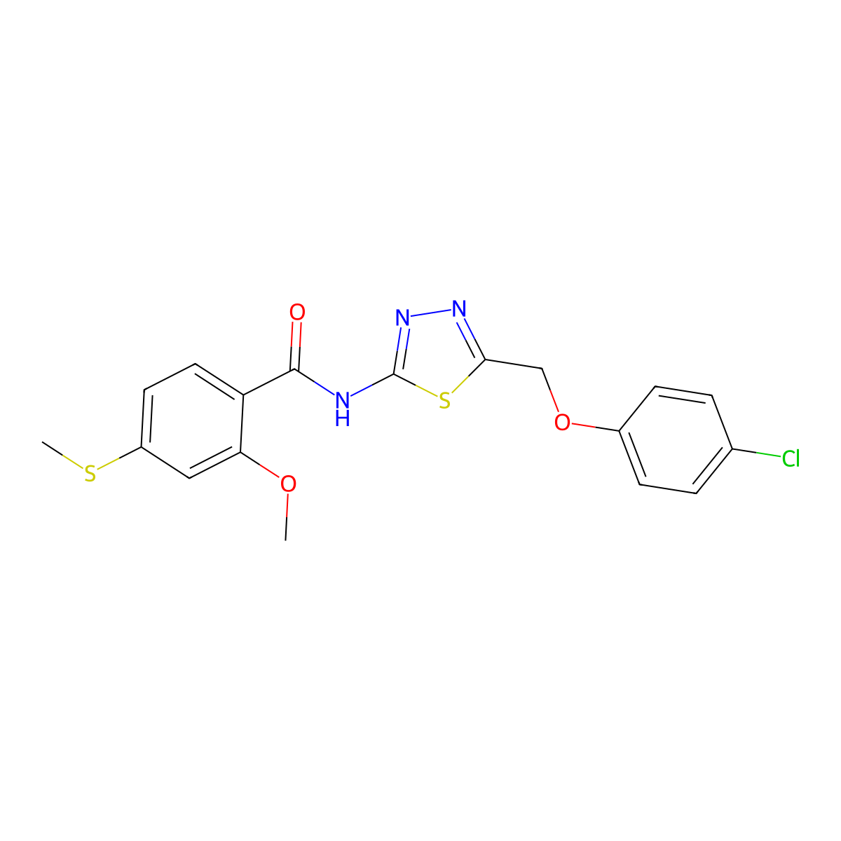 N-[5-[(4-chlorophenoxy)methyl]-1,3,4-thiadiazol-2-yl]-2-methoxy-4-methylsulfanylbenzamide molecular structure, CAS 600149-08-4