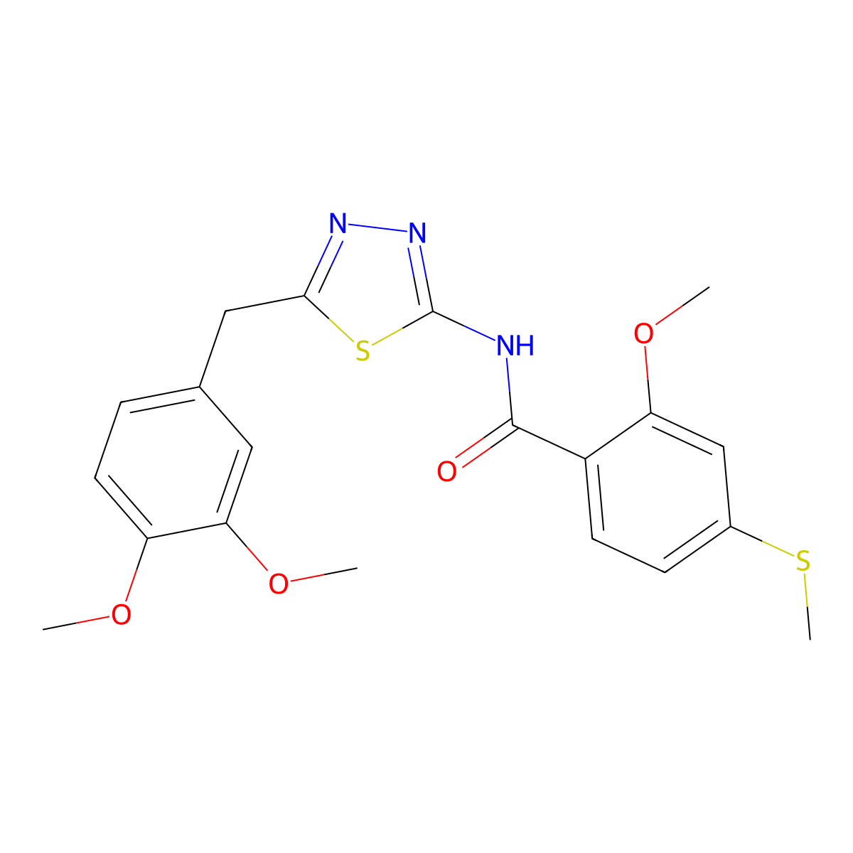 N-[5-[(3,4-dimethoxyphenyl)methyl]-1,3,4-thiadiazol-2-yl]-2-methoxy-4-methylsulfanylbenzamide molecular structure, CAS 600149-09-5