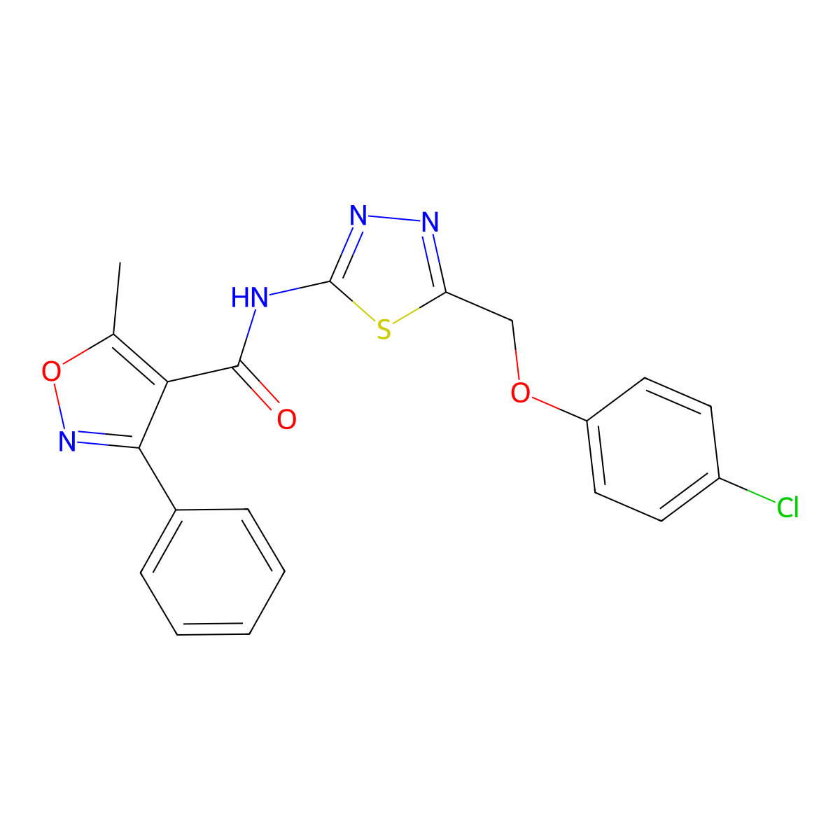 N-[5-[(4-chlorophenoxy)methyl]-1,3,4-thiadiazol-2-yl]-5-methyl-3-phenyl-4-isoxazolecarboxamide molecular structure, CAS 600149-96-0