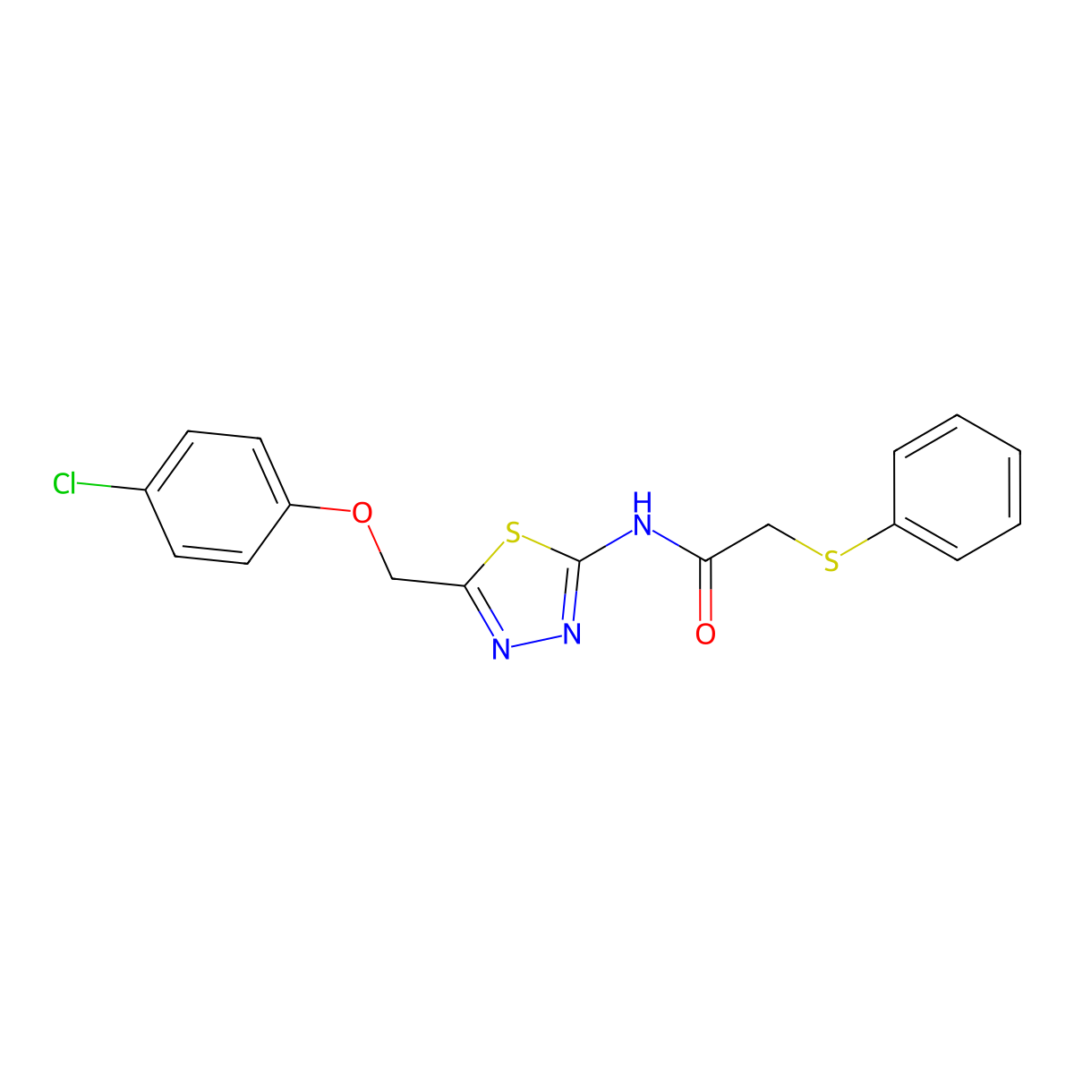 N-[5-[(4-chlorophenoxy)methyl]-1,3,4-thiadiazol-2-yl]-2-phenylsulfanylacetamide molecular structure, CAS 600150-42-3