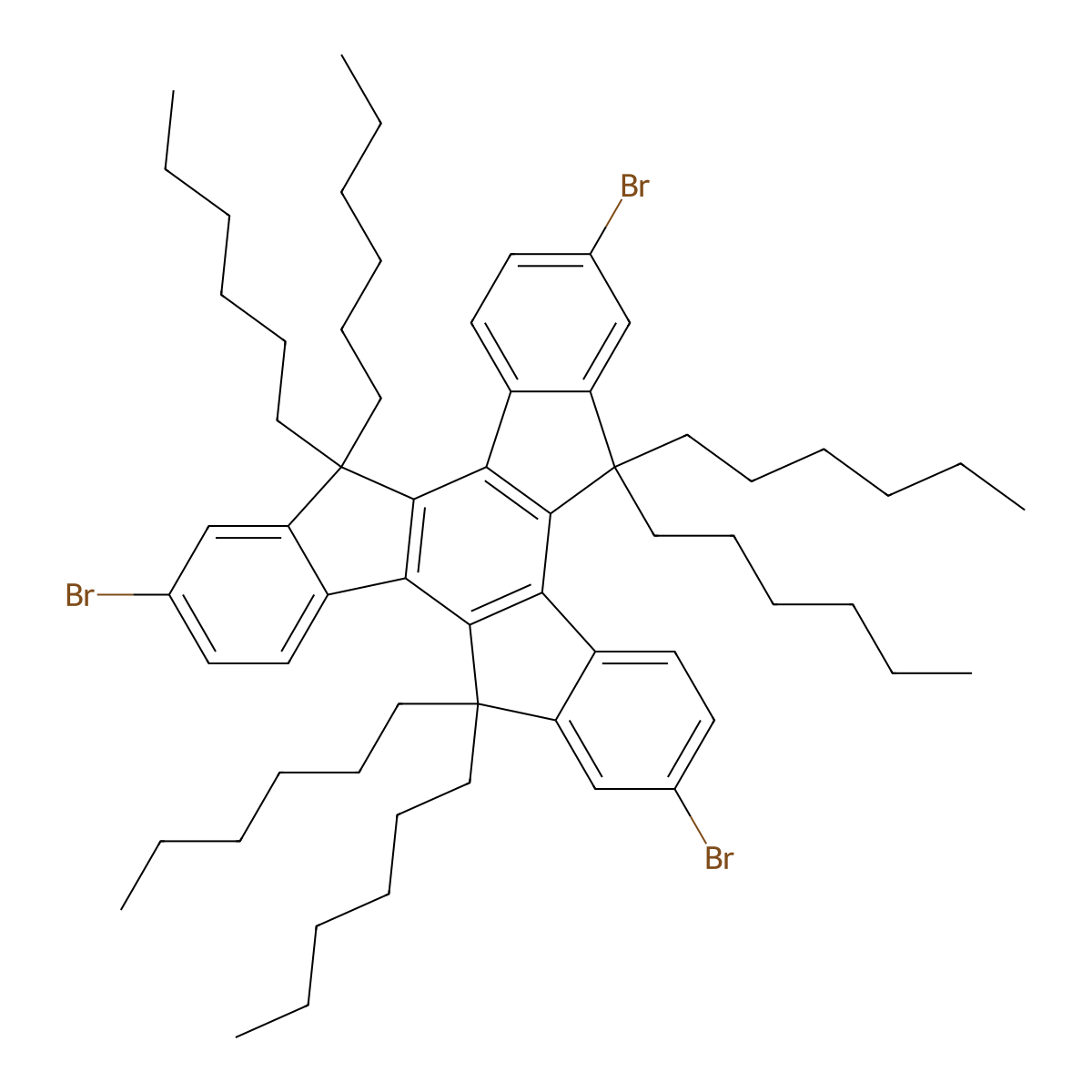 2,7,12-tribromo-5,5,10,10,15,15-hexahexyl-10,15-dihydro-5H-diindeno[1,2-a:1',2'-c]fluorene molecular structure, CAS 600172-86-9