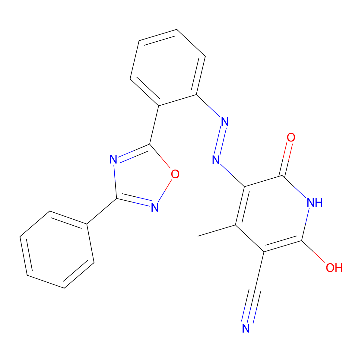 1,2-Dihydro-6-hydroxy-4-methyl-2-oxo-5-((2-(3-phenyl-1,2,4-oxadiazol-5-yl)phenyl)azo)nicotinonitrile molecular structure, CAS 60024-34-2