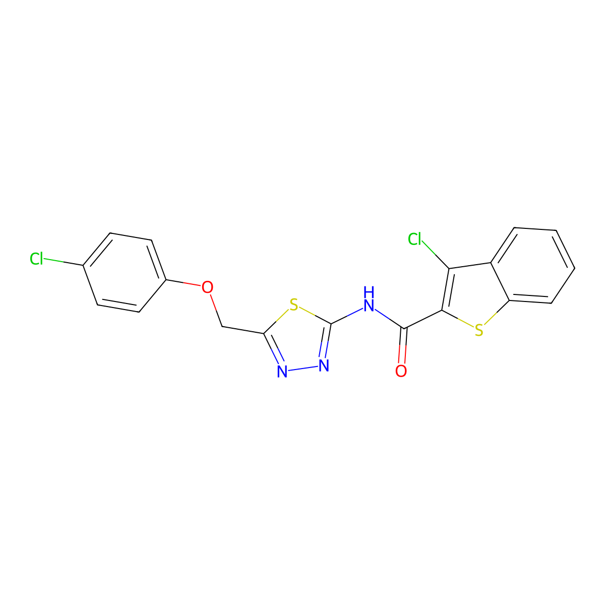 3-chloro-N-{5-[(4-chlorophenoxy)methyl]-1,3,4-thiadiazol-2-yl}-1-benzothiophene-2-carboxamide molecular structure, CAS 600640-90-2