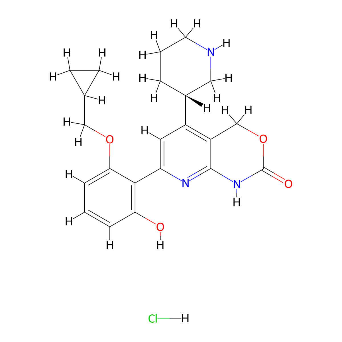 7-(2-(cyclopropylmethoxy)-6-hydroxyphenyl)-5-((3S)-3-piperidinyl)-1,4-dihydro-2H-pyrido(2,3-d)(1,3)oxazin-2-one hydrochloride molecular structure, CAS 600734-06-3