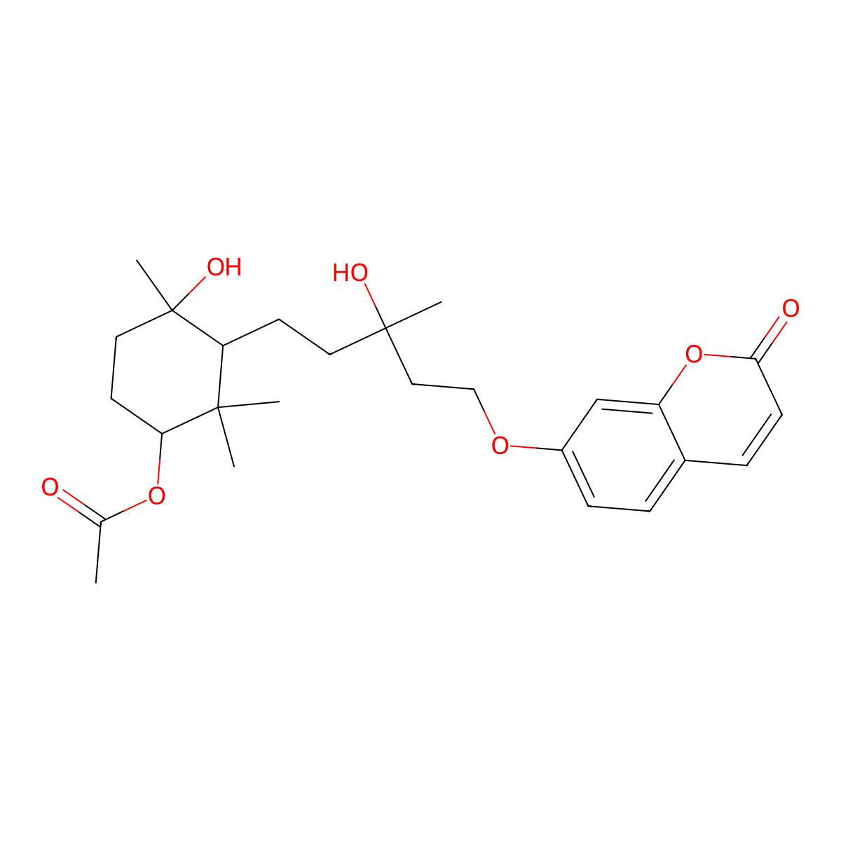 4-Hydroxy-3-[3-hydroxy-3-methyl-5-(2-oxochromen-7-yloxy)pentyl]-2,2,4-trimethy lcyclohexyl acetate molecular structure, CAS 60077-53-4