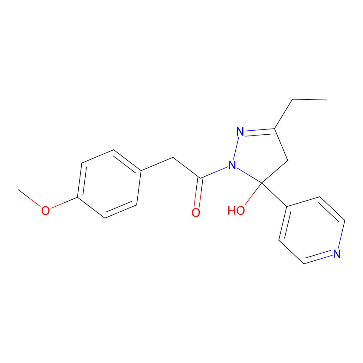 1-(3-ethyl-5-hydroxy-5-pyridin-4-yl-4H-pyrazol-1-yl)-2-(4-methoxyphenyl)ethanone molecular structure, CAS 6009-31-0