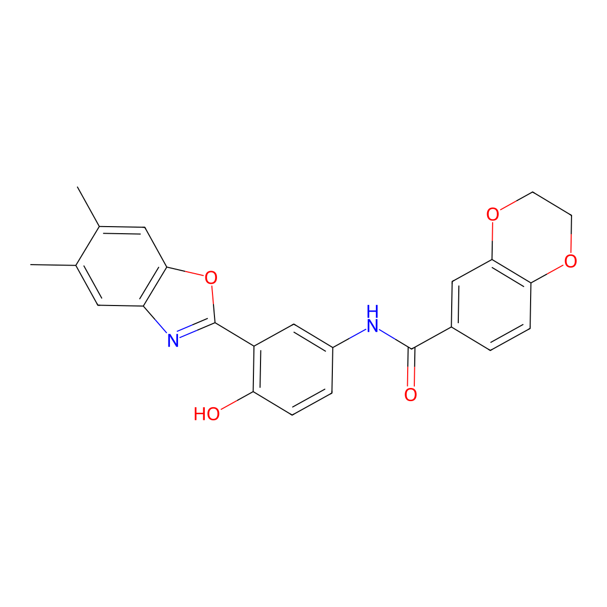 N-[3-(5,6-dimethyl-1,3-benzoxazol-2-yl)-4-hydroxyphenyl]-2,3-dihydro-1,4-benzodioxine-6-carboxamide molecular structure, CAS 6010-05-5