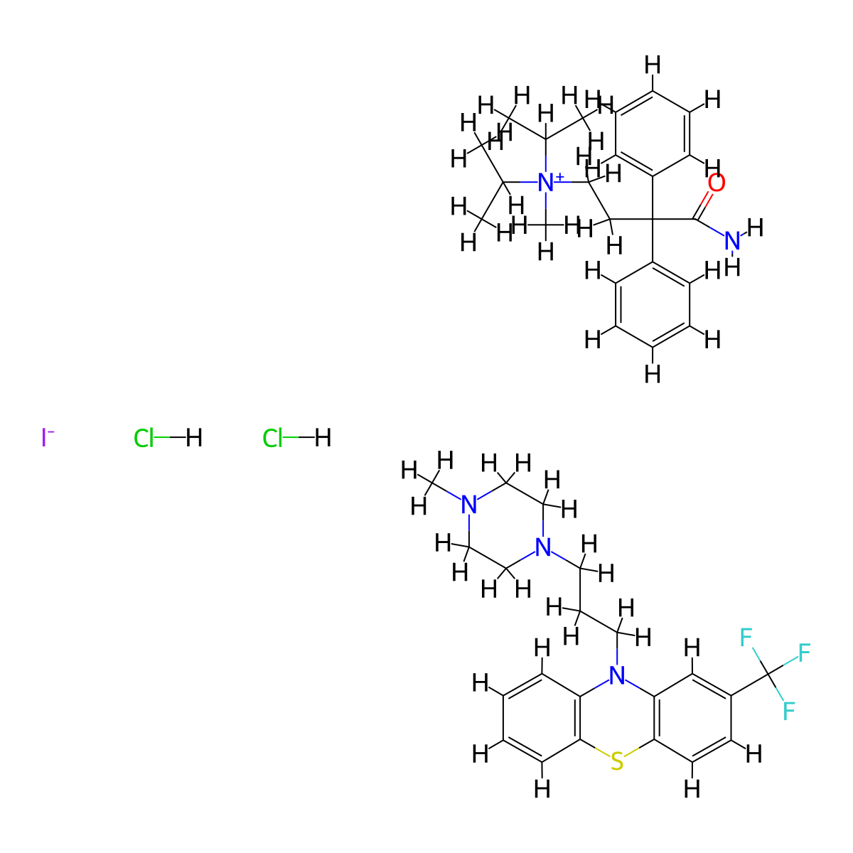 4-(Methyldi(propan-2-yl)azaniumyl)-2,2-diphenylbutanimidate--10-(3-(4-methylpiperazin-1-yl)propyl)-2-(trifluoromethyl)-10H-phenothiazine--hydrogen chloride--hydrogen iodide (1/1/2/1) molecular structure, CAS 60108-70-5